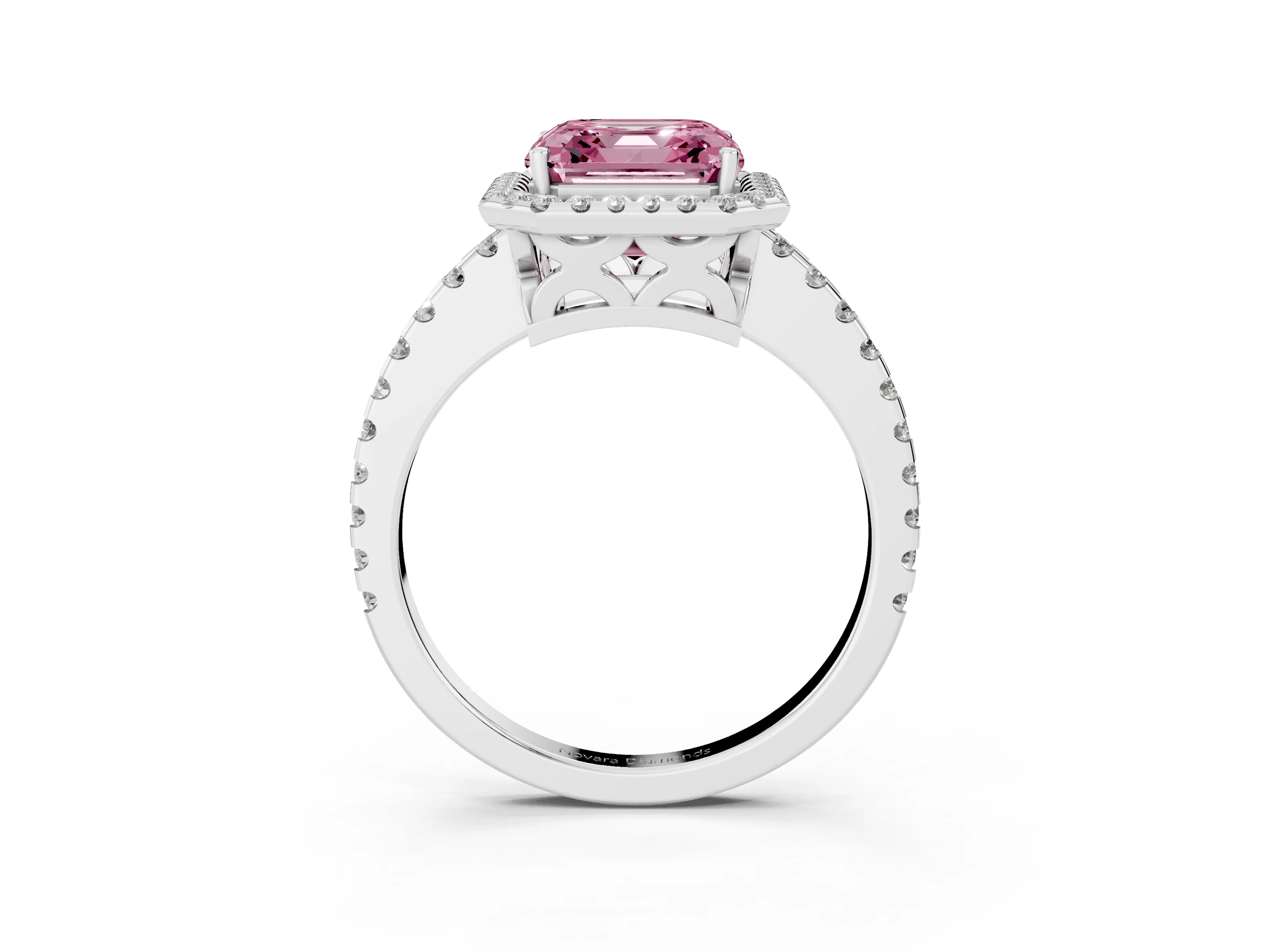 Fancy Pink Asscher Cut Diamond Halo Ring Set in Platinum with Pavé Shoulders and Halo-Framed Center