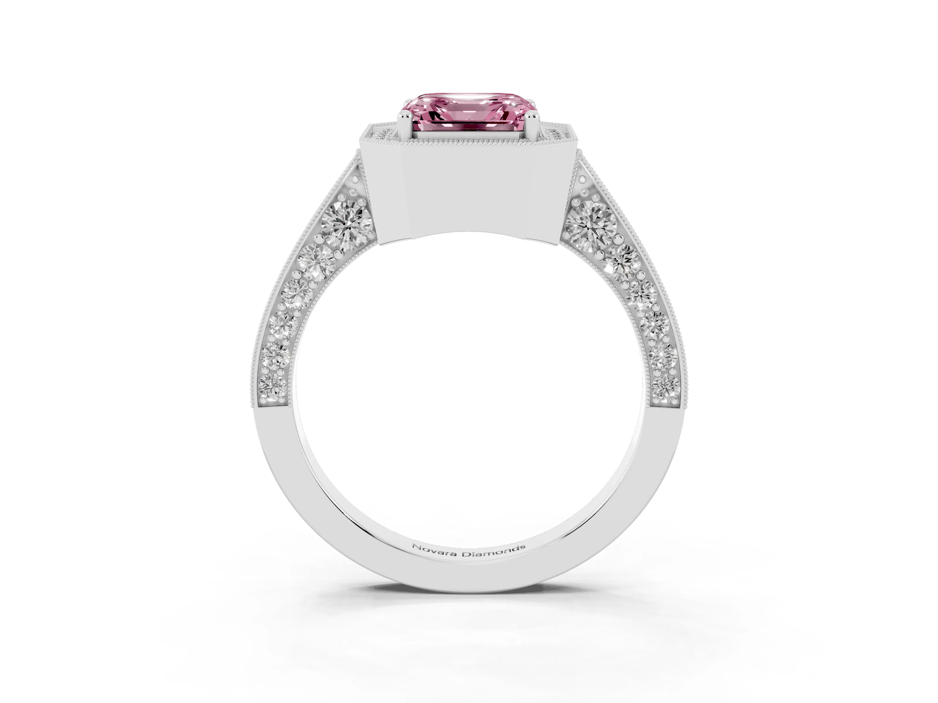 Fancy Pink Asscher Cut Diamond Halo Engagement Ring Set in Silver with Accent Split Shank Band
