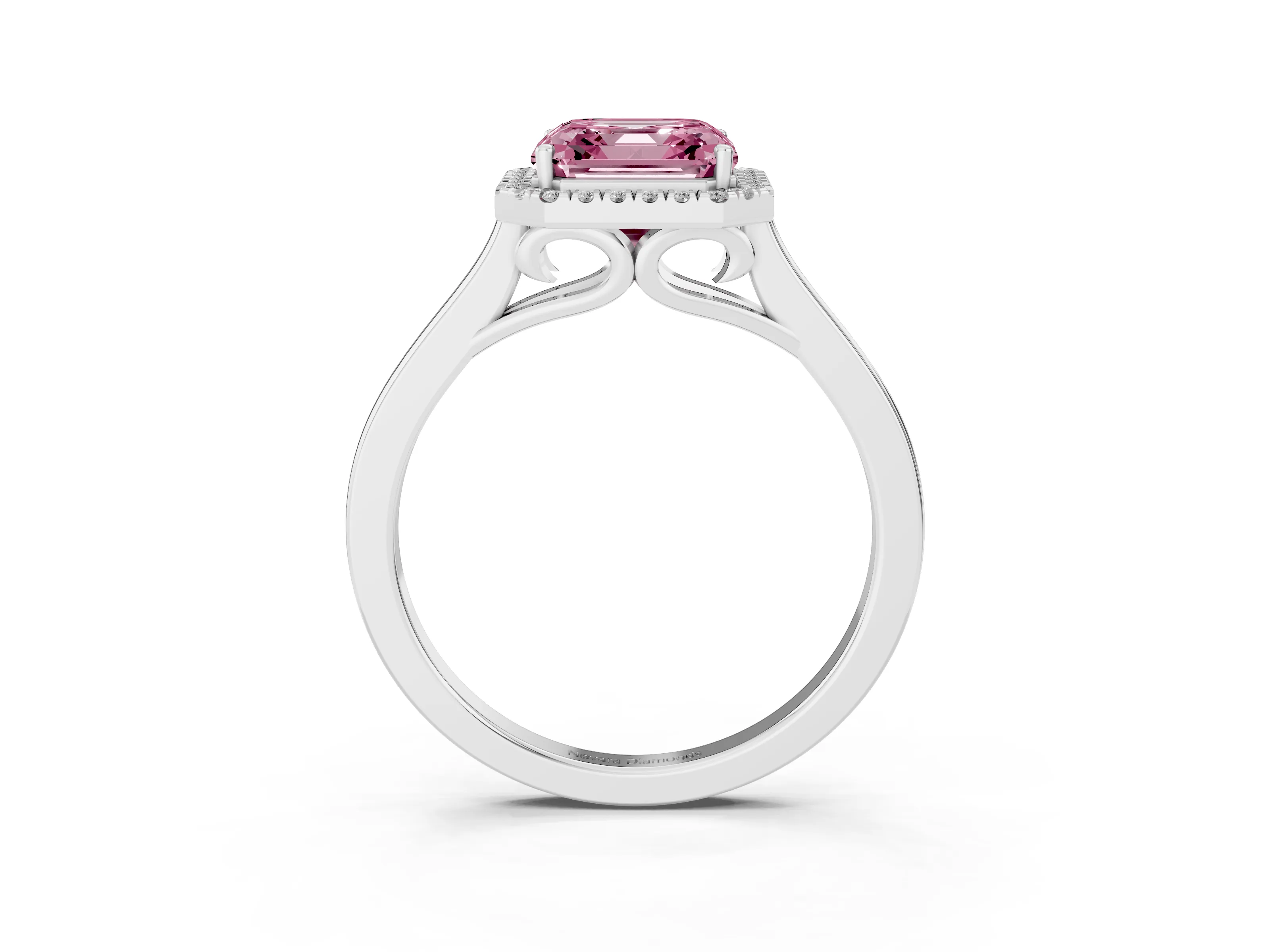Fancy Pink Asscher Cut Halo Round Diamond Solitaire Ring Set in Silver with Pavé Band and Prong Setting