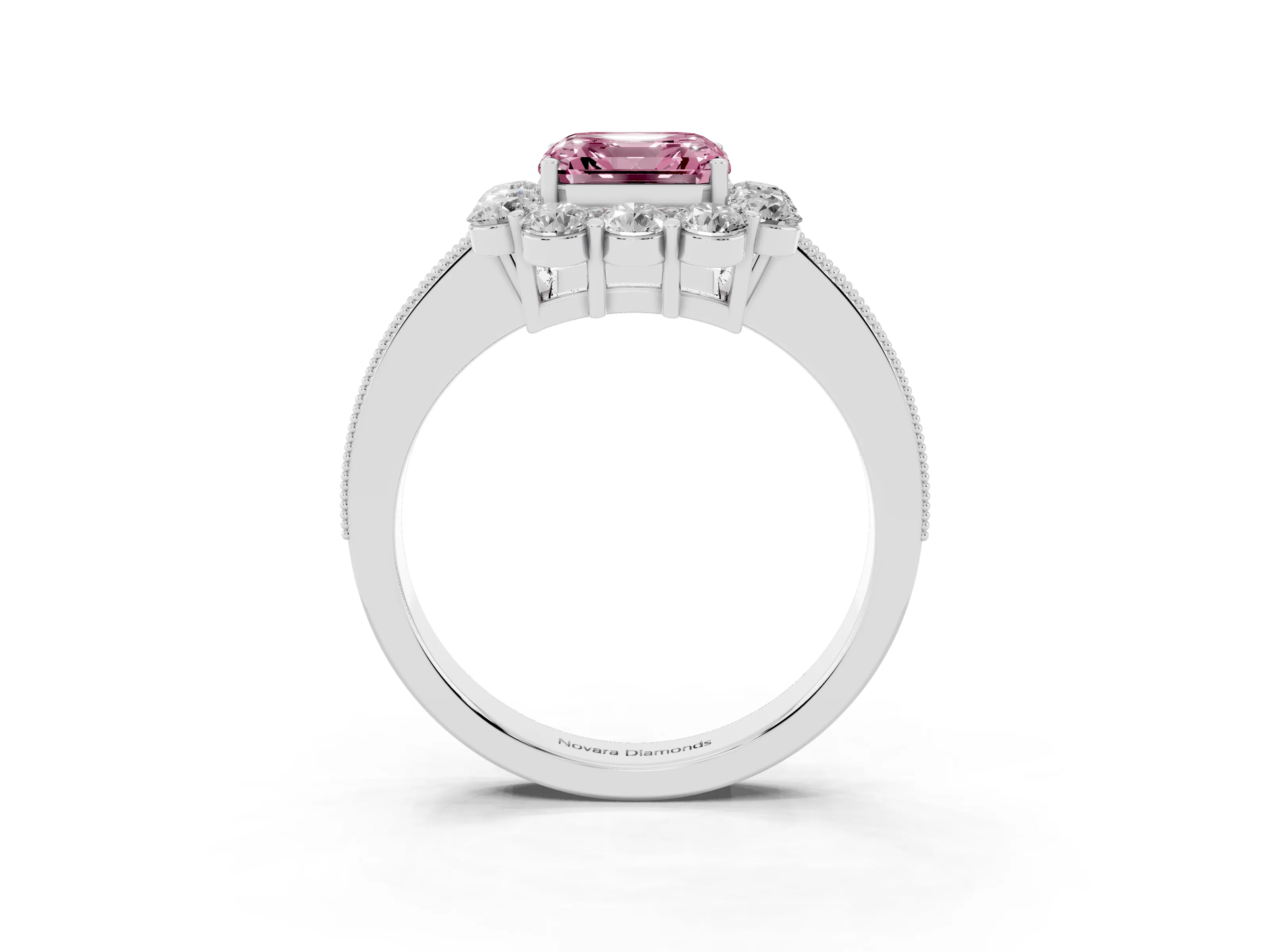 Fancy Pink Asscher Cut Diamond Halo Pavé Engagement Ring Set in White gold with Milgrain Detailing