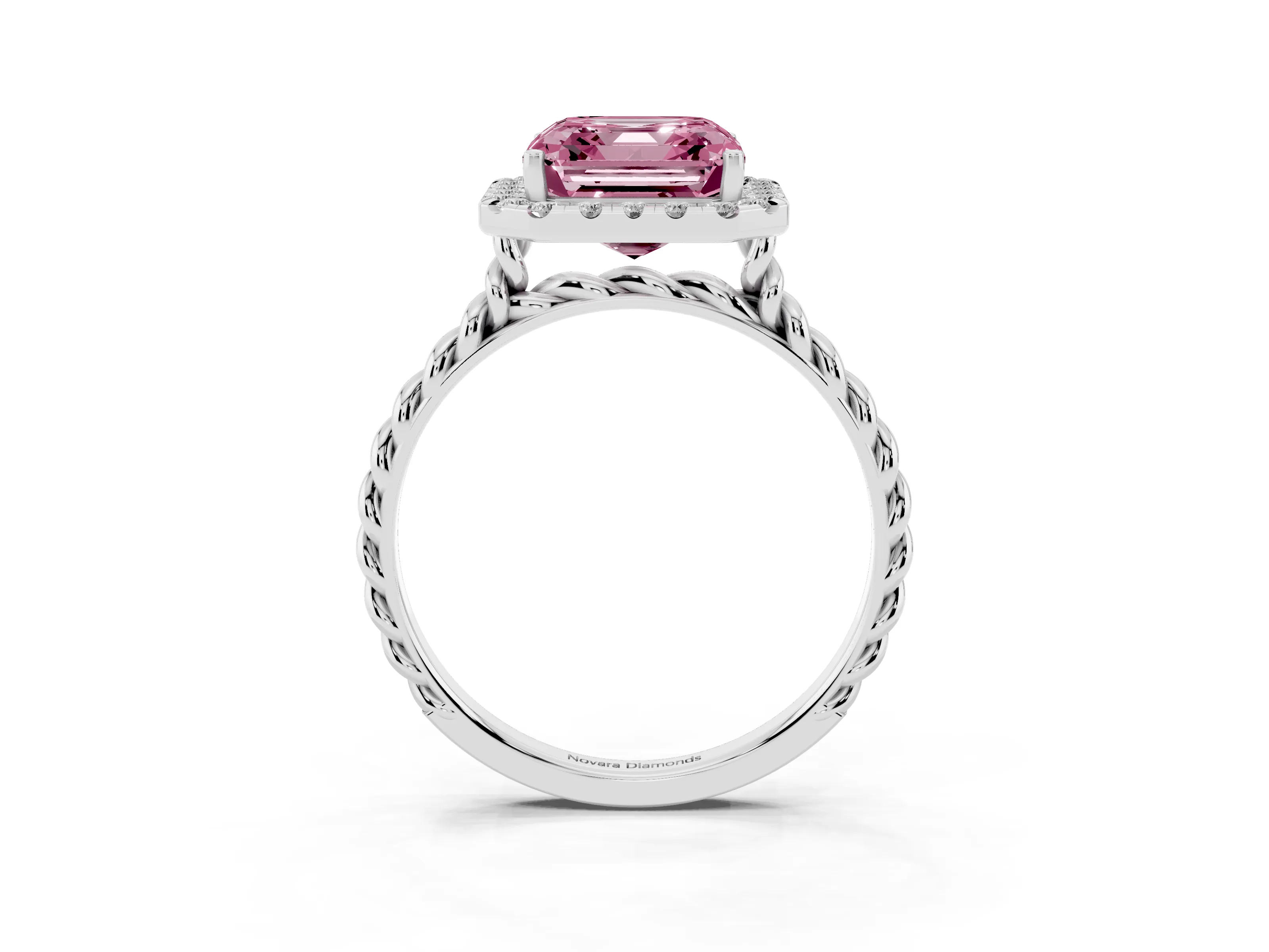 Fancy Pink Asscher Cut Diamond Halo Ring Set in Platinum with Plain Twisted Band