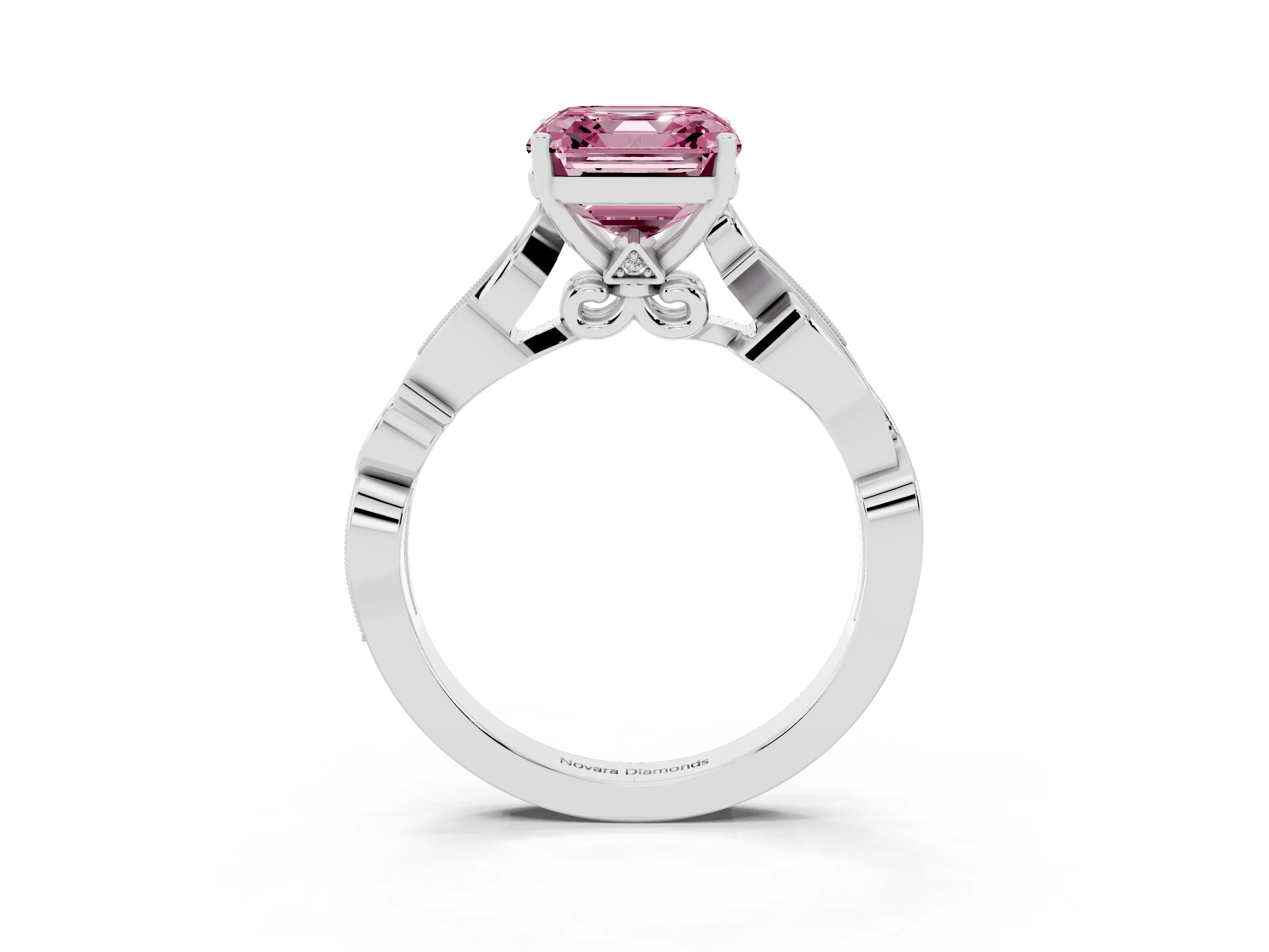 Fancy Pink Asscher Cut Diamond Vine Band Solitaire Ring Set in White gold with Milgrain Prong Setting