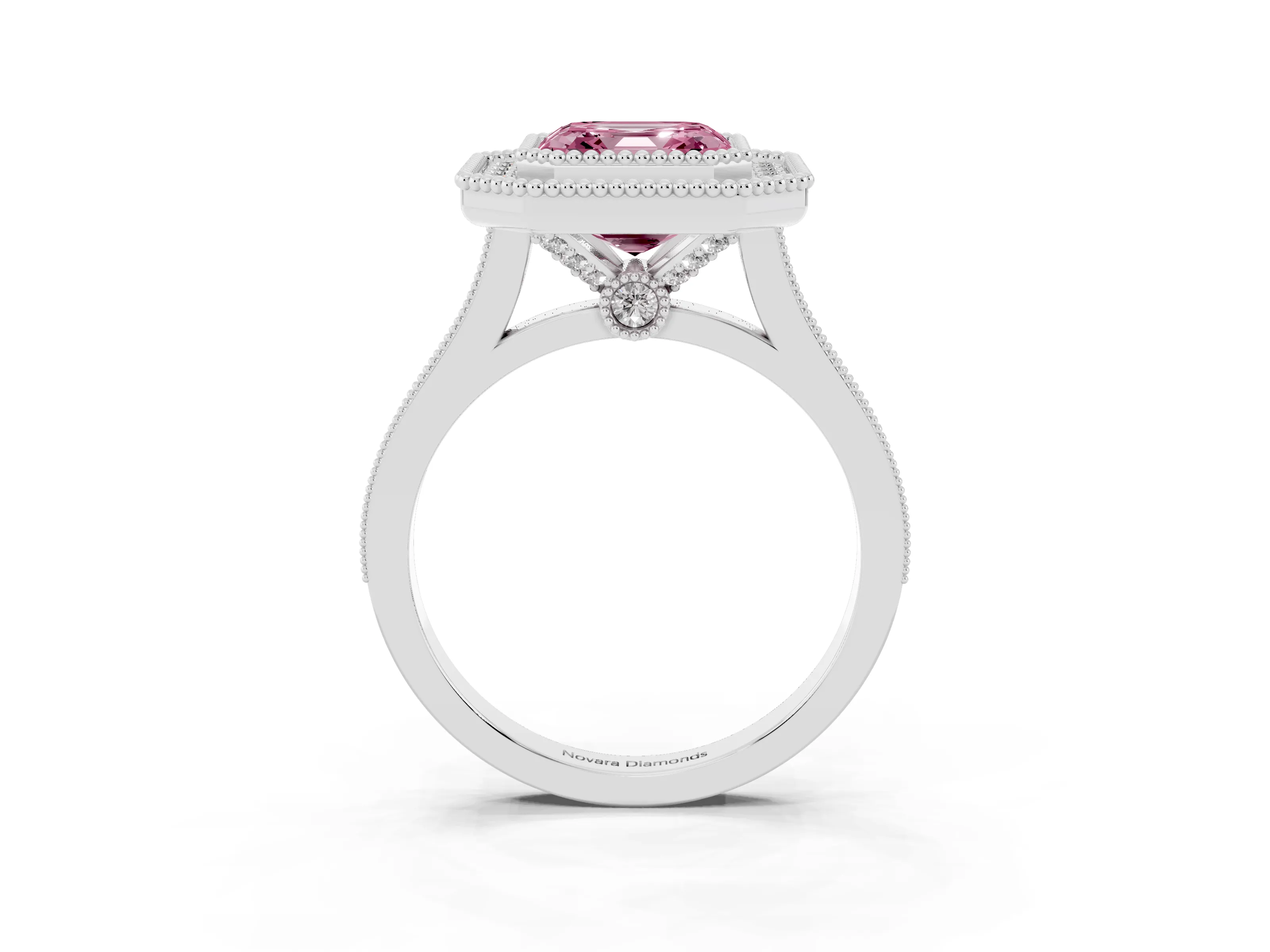 Fancy Pink Asscher Cut Diamond Halo Ring Set in White gold with Milgrain Frame and Pavé Band