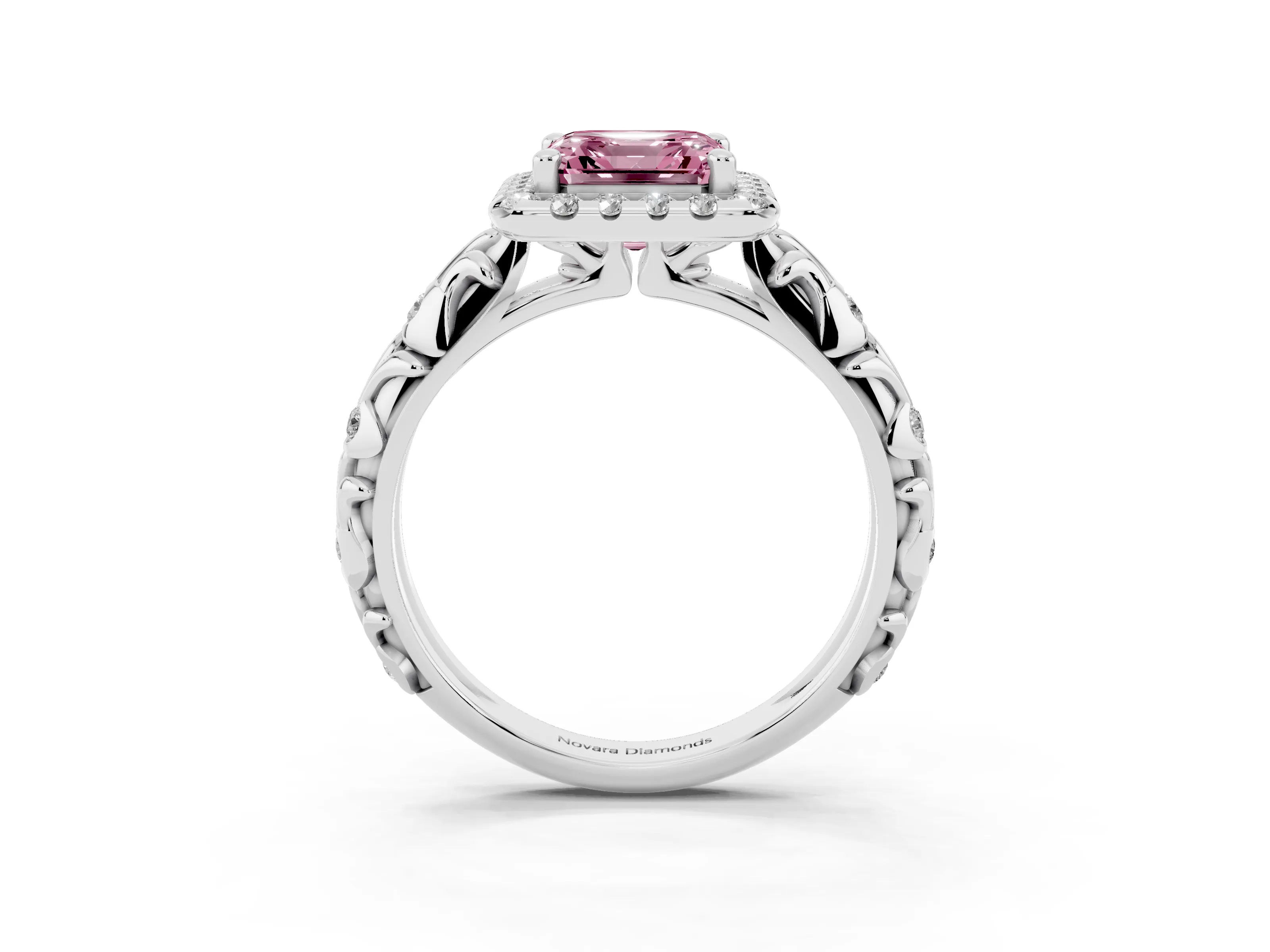 Fancy Pink Asscher Cut Diamond Halo Ring Set in Platinum with Filigree Leaf Band and Prong Setting