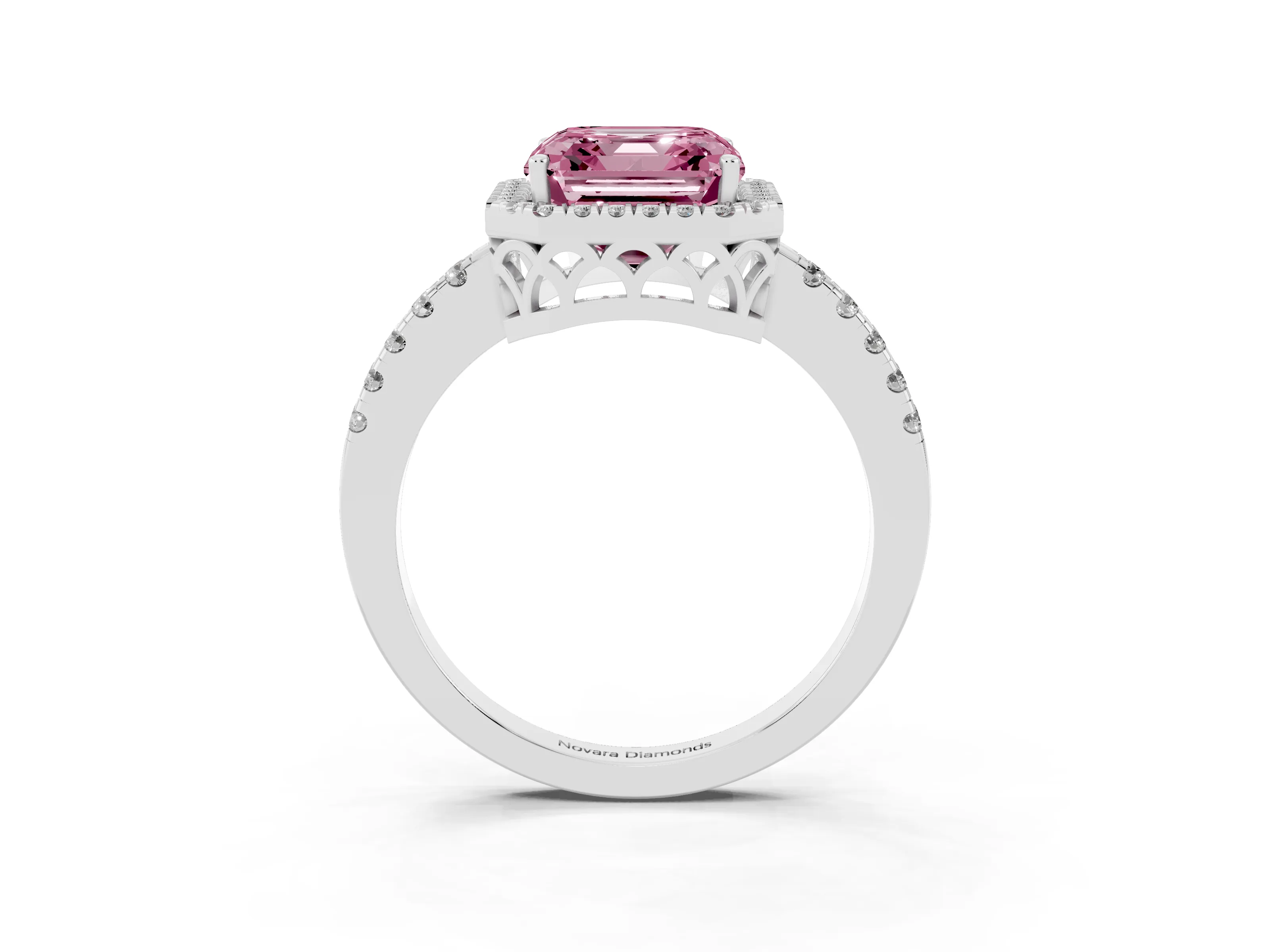 Fancy Pink Asscher Cut Diamond Pavé Band Halo Engagement Ring Set in White gold with Prong Setting