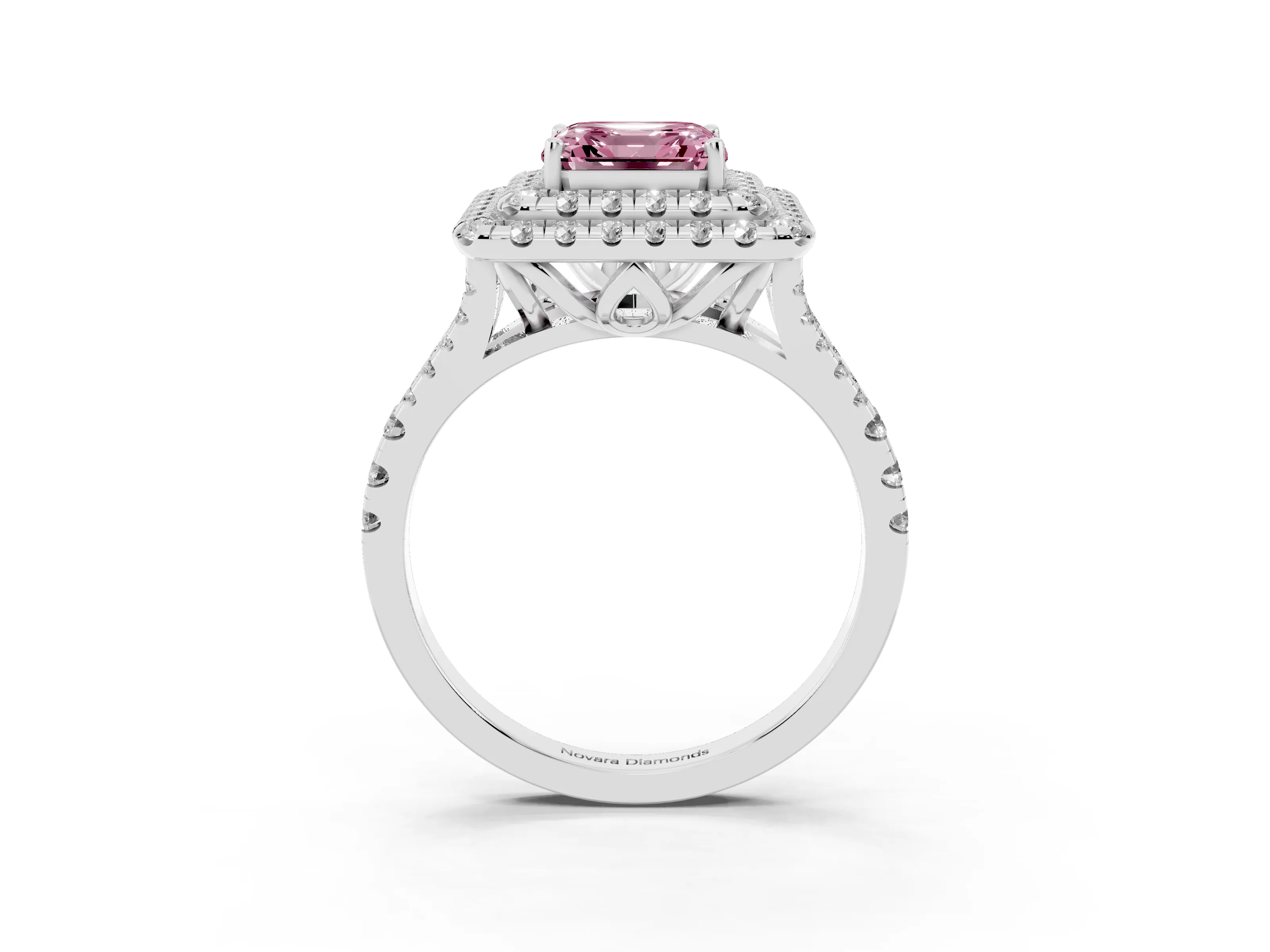 Fancy Pink Asscher Cut Diamond Double Halo Ring Set in Silver with Pavé Split Shank and Prong Setting
