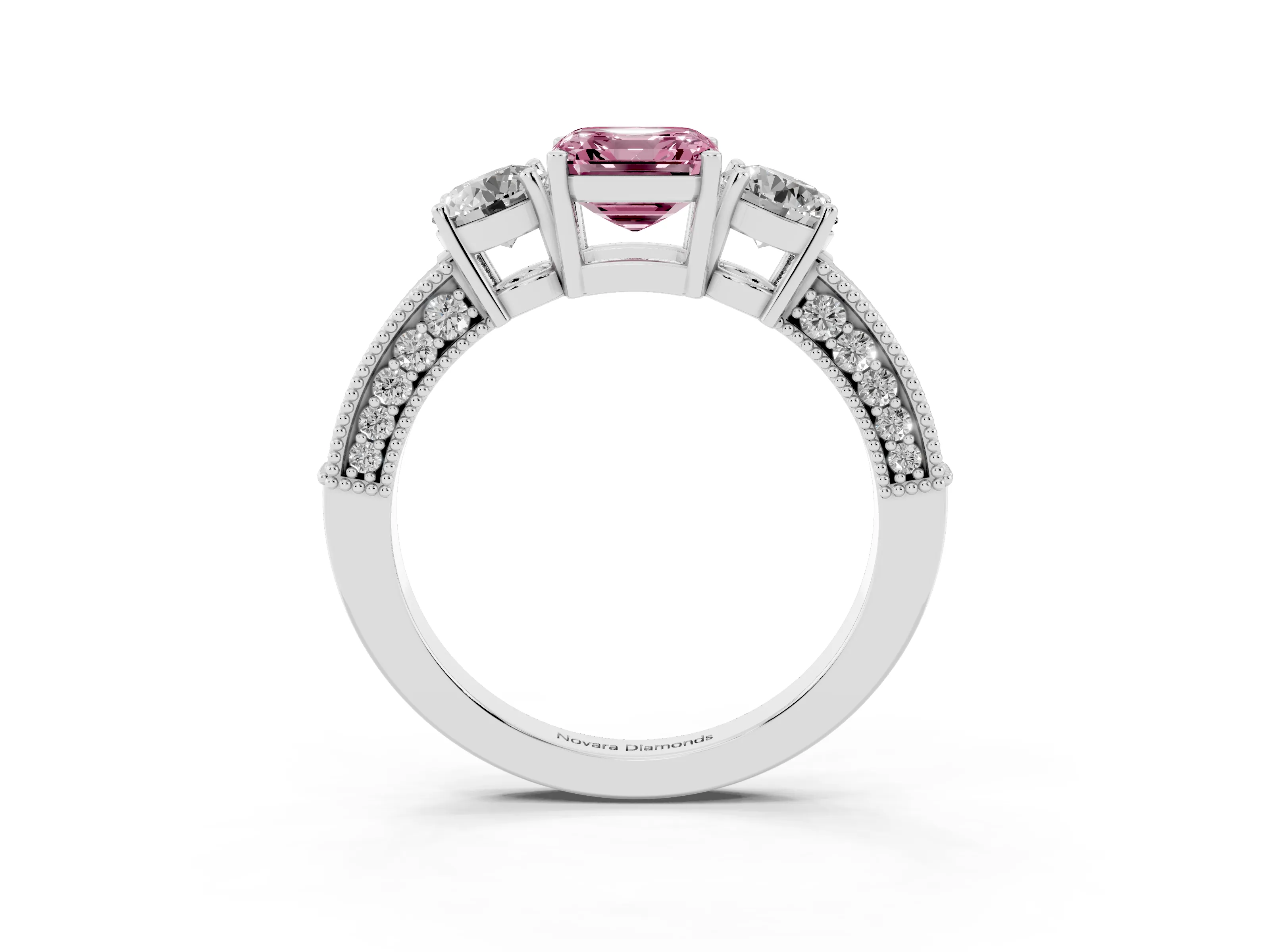 Fancy Pink Asscher Cut Diamond Three-Stone Ring Set in Platinum with Round Side Stones and Pavé Band