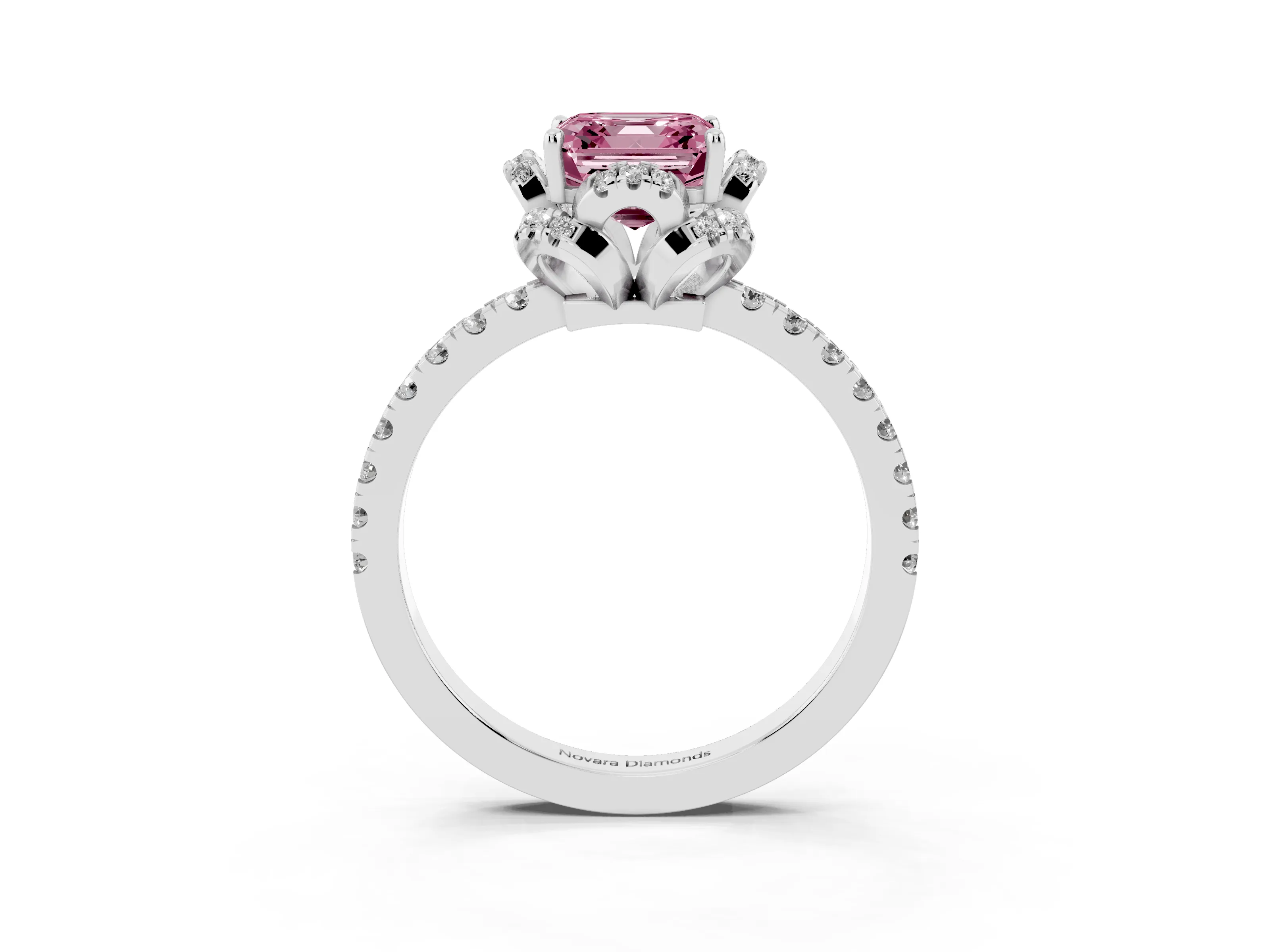 Fancy Pink Asscher Cut Diamond Halo Pavé Ring Set in White gold with Prong-Held Center Stone