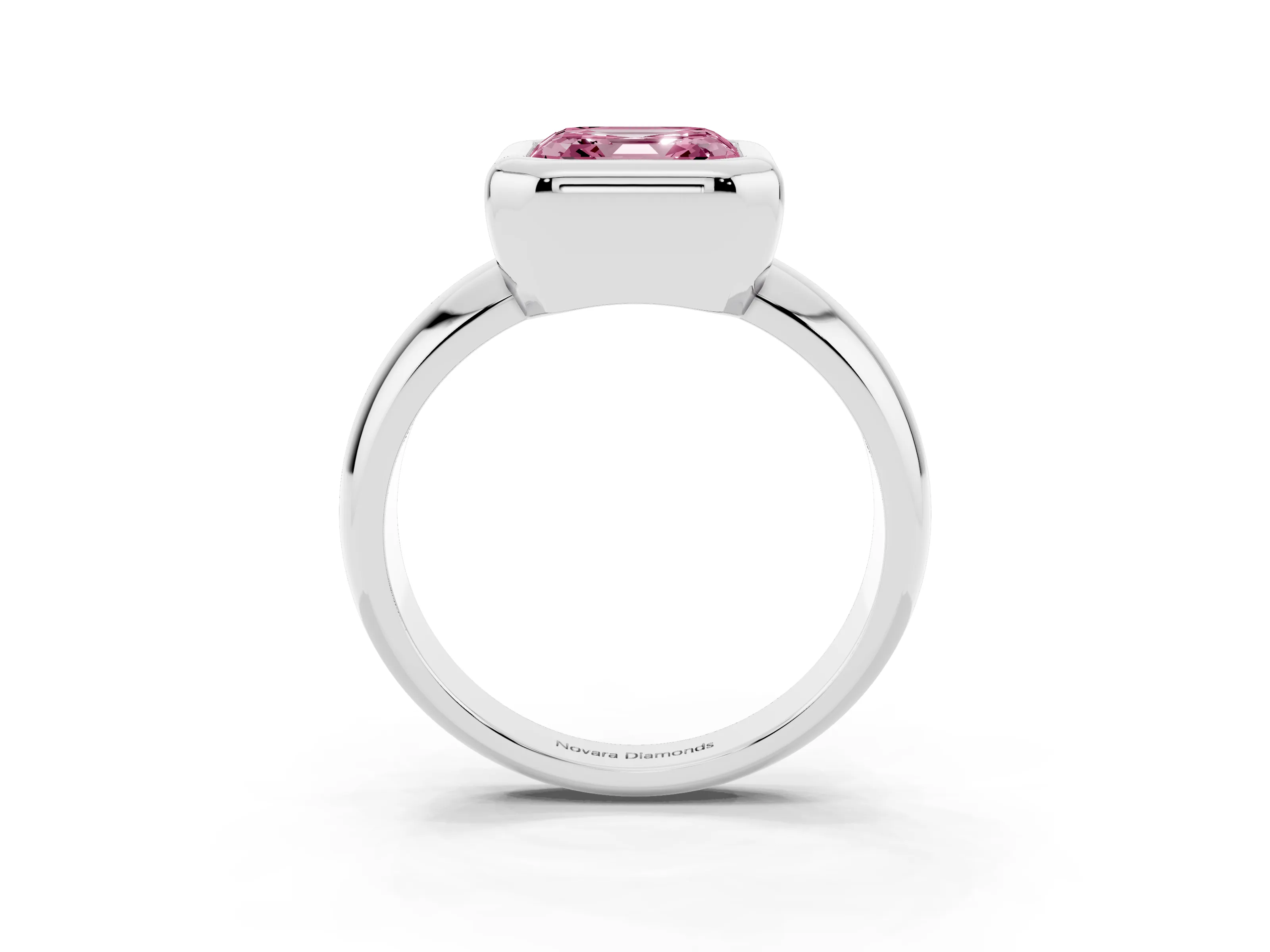 Fancy Pink Bezel Set Asscher Cut Diamond Solitaire Ring Set in Platinum with Wide Band