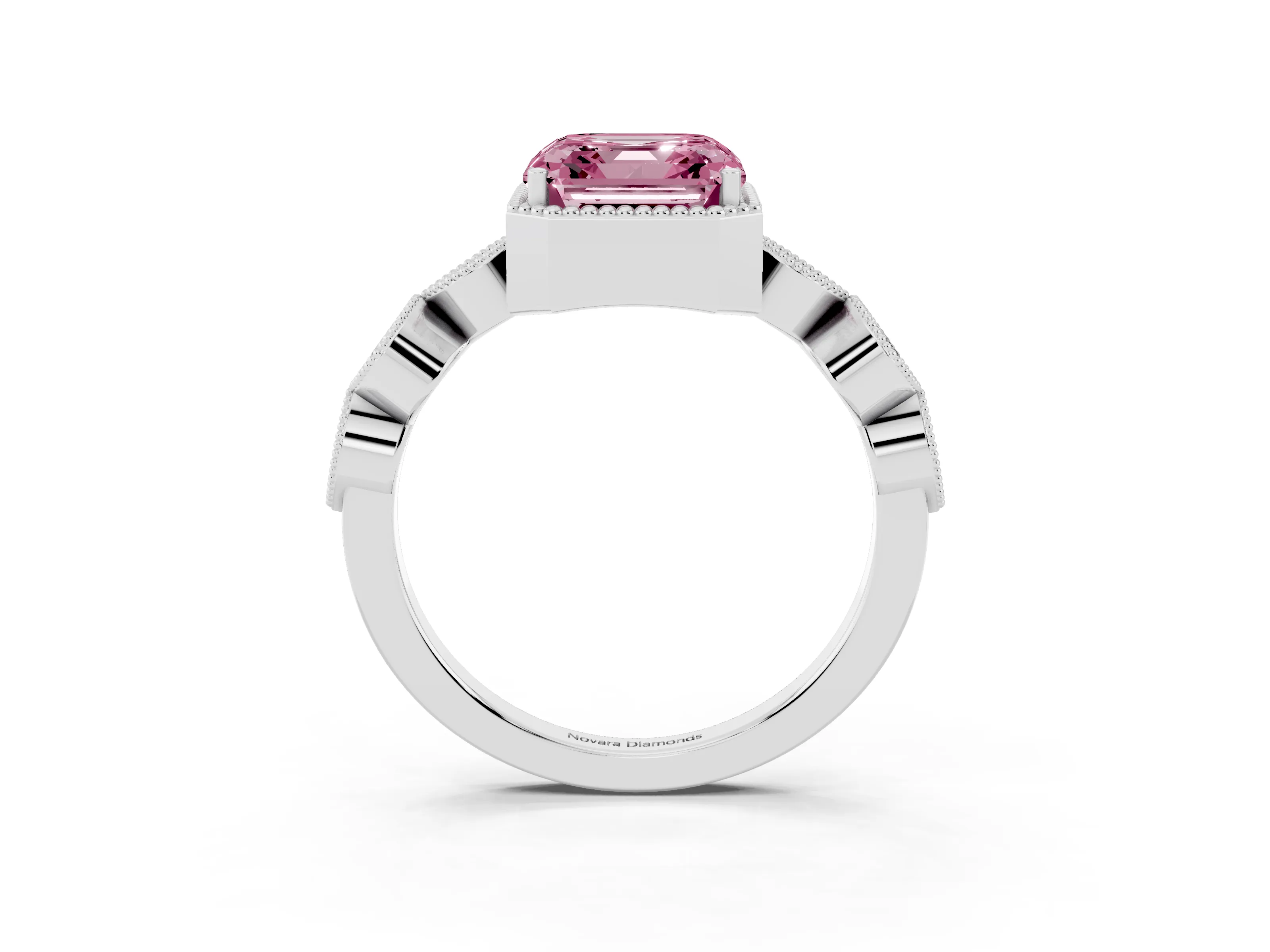 Fancy Pink Asscher Cut Diamond Vintage-Inspired Milgrain Ring Set in Platinum with Marquise Stations of Round Accents