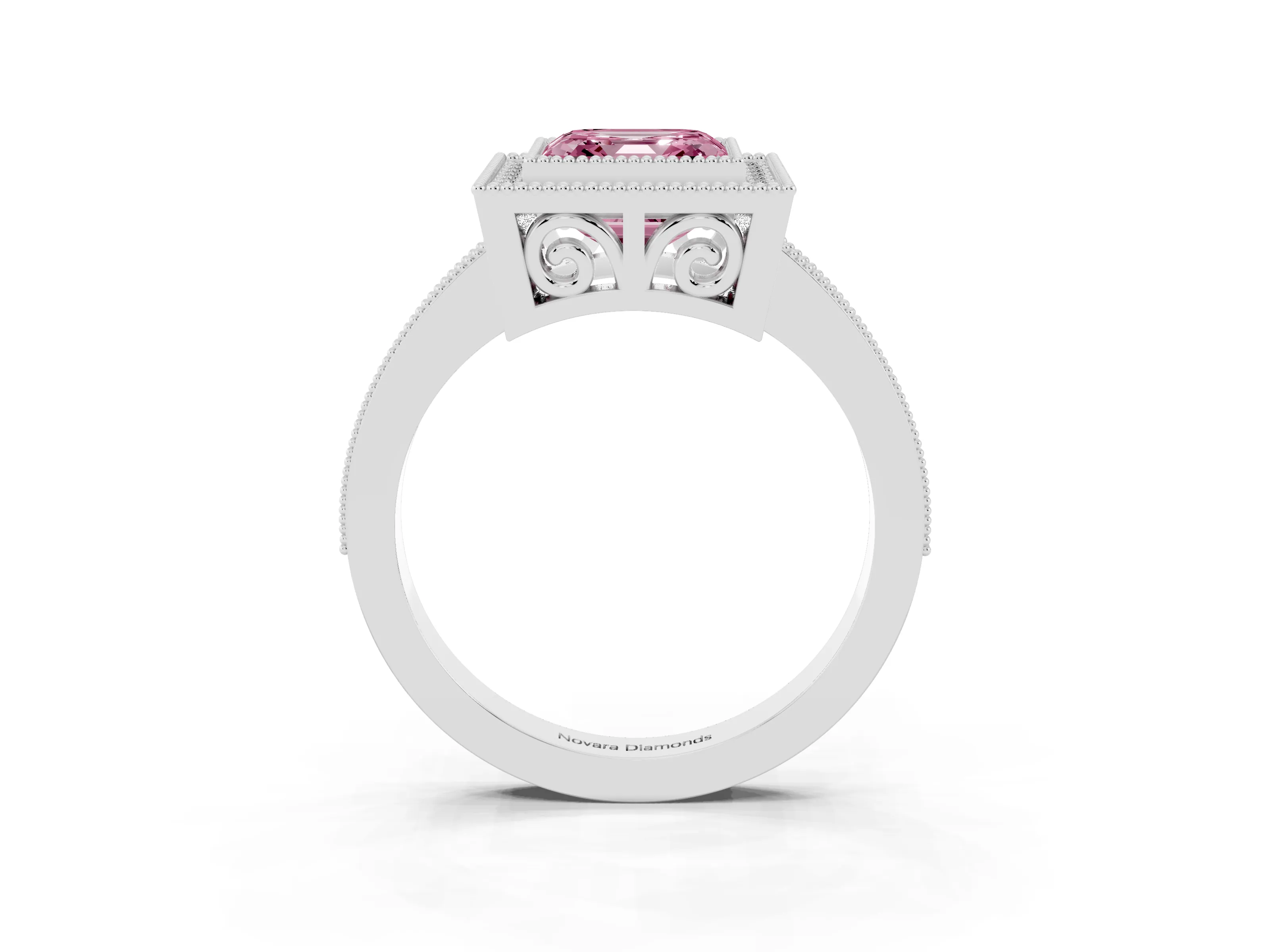 Fancy Pink Asscher Cut Diamond Round Halo Ring Set in White gold with Pavé Band