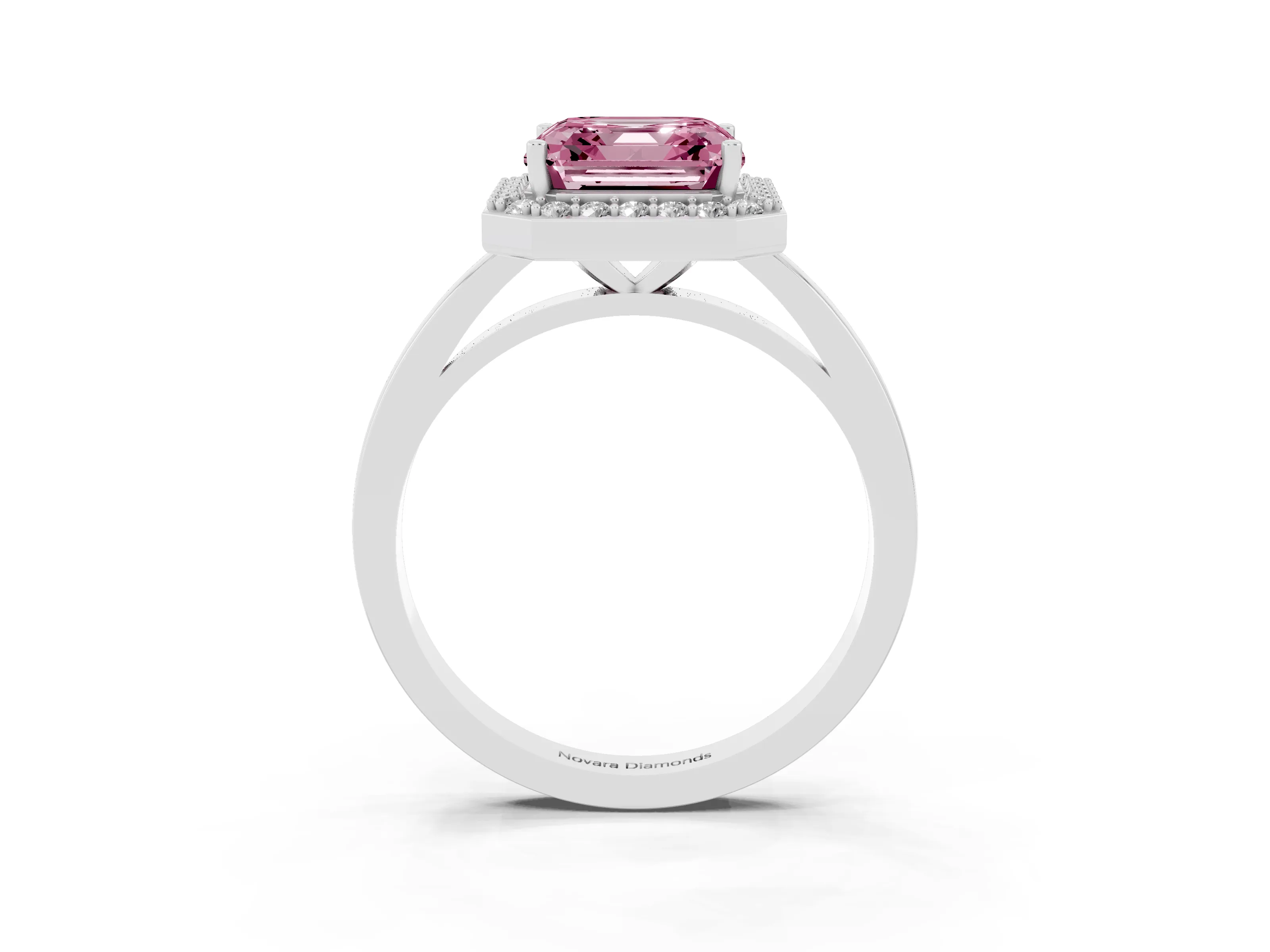 Fancy Pink Asscher Cut Diamond Halo Ring Set in Platinum with Solitaire Band and Prong Setting