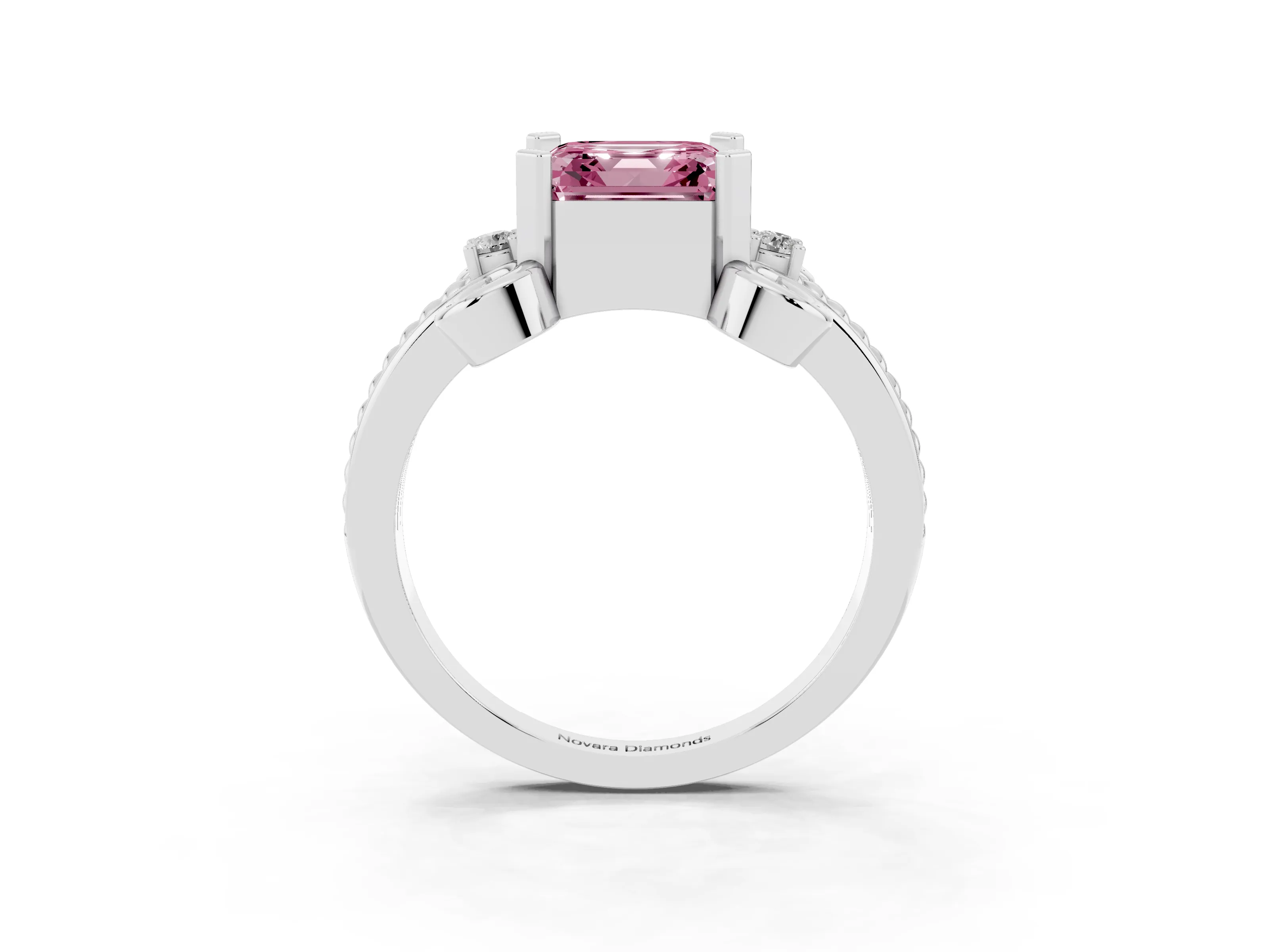 Fancy Pink Asscher Cut Diamond Twisted Band Solitaire Ring Set in Platinum with Scroll Prongs