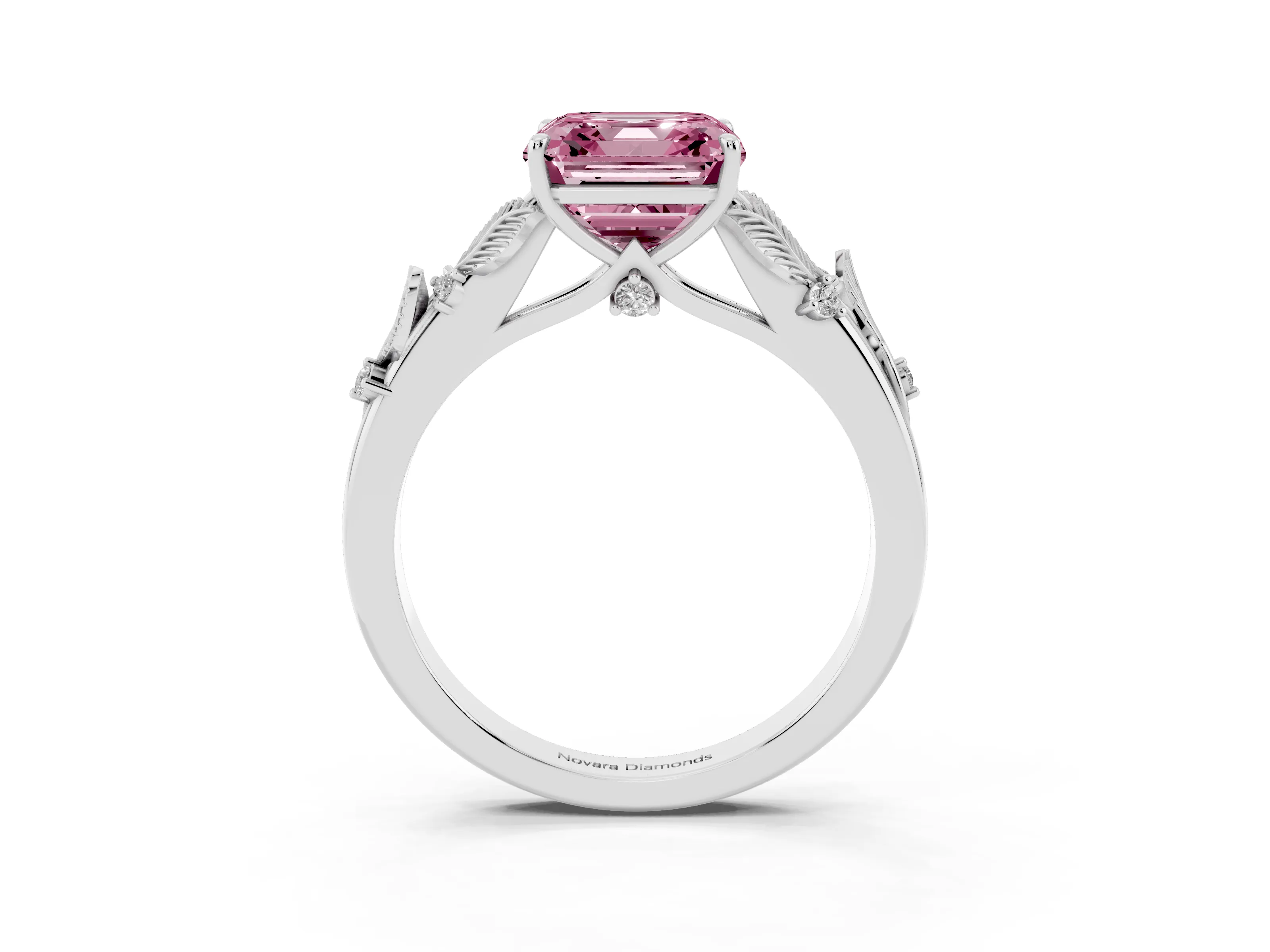 Fancy Pink Asscher Cut Diamond Solitaire Ring Set in White gold with Leaf Motif Band