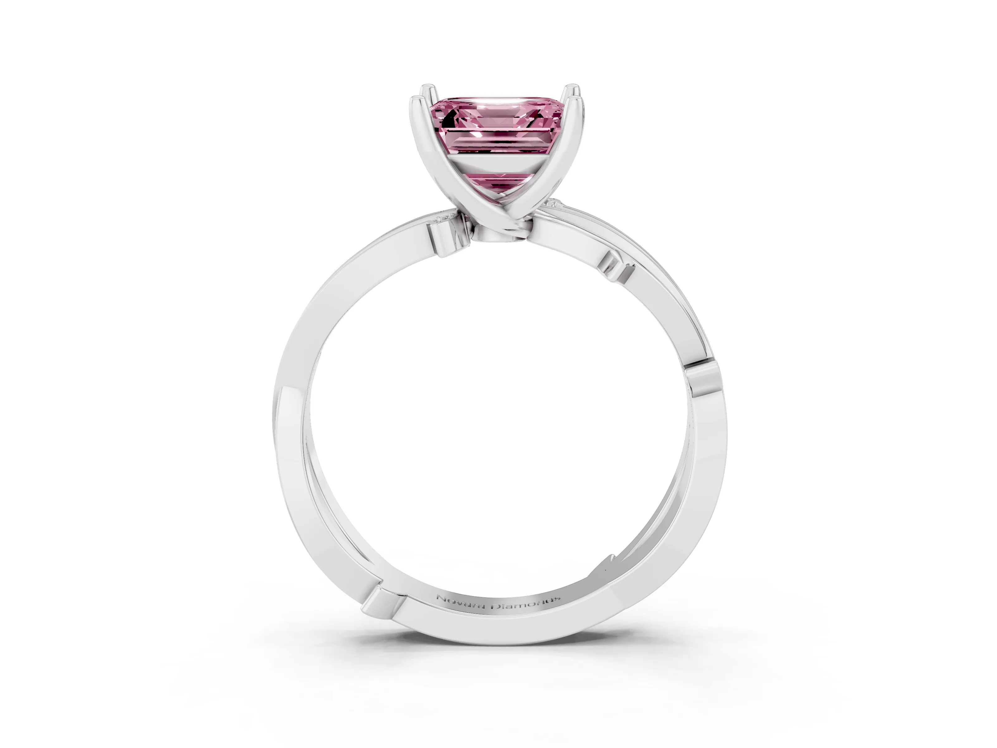 Fancy Pink Asscher Cut Diamond Pavé Twist Band Solitaire Ring Set in Platinum with Prong Setting