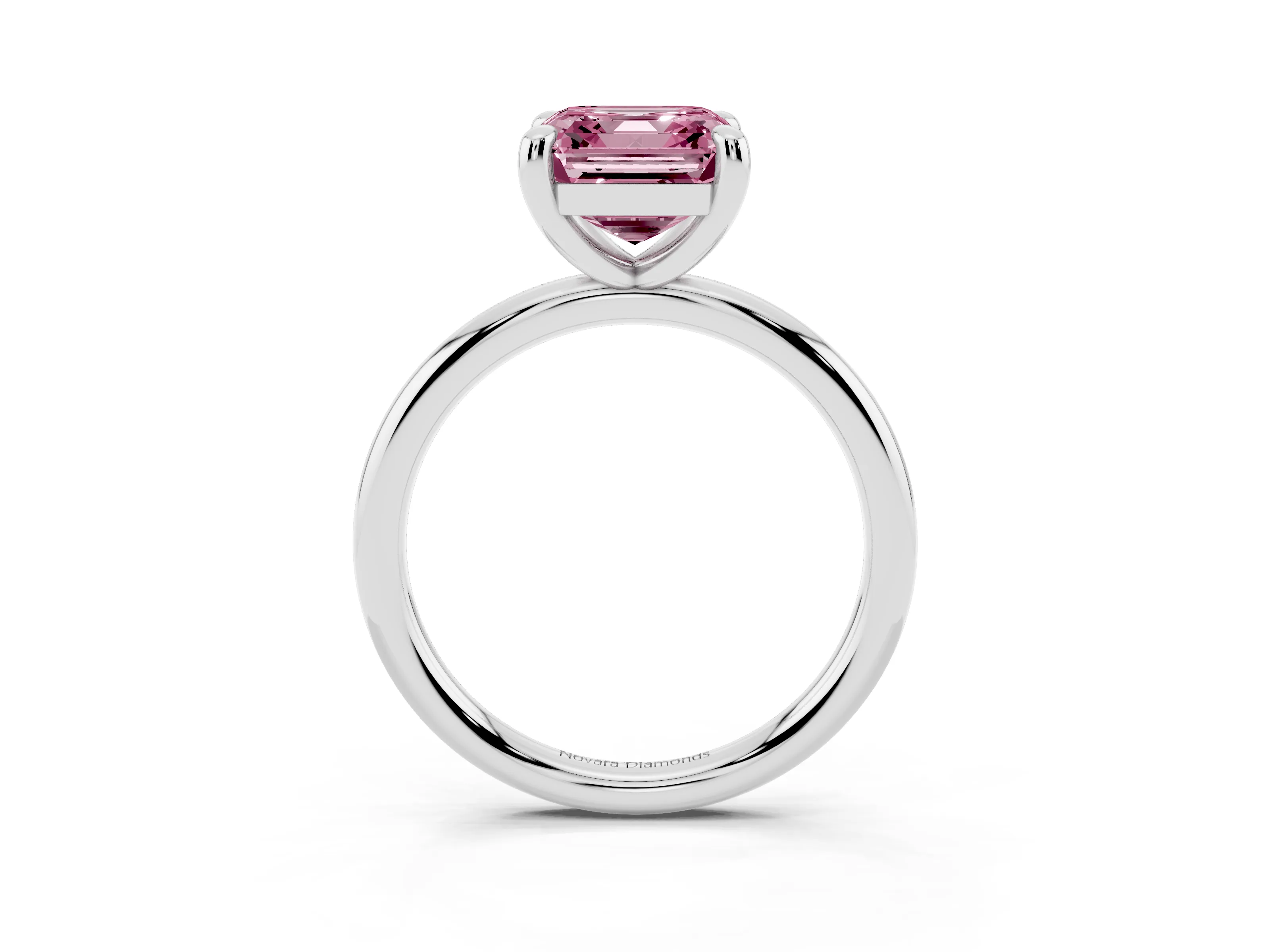 Fancy Pink Asscher Cut Diamond Solitaire Ring Set in White gold with Prong Setting on a Polished Plain Band