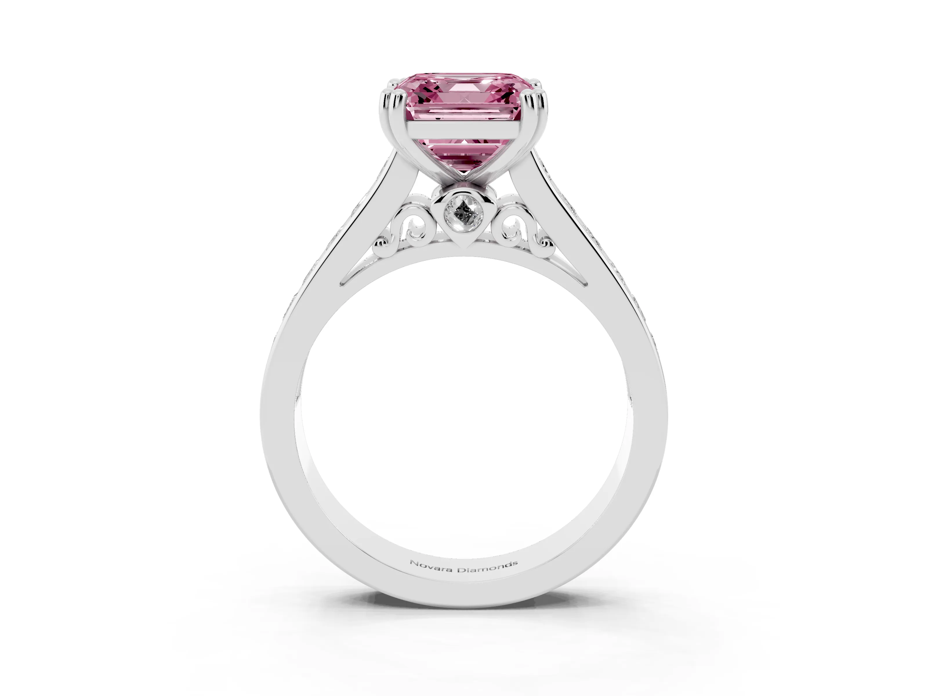 Fancy Pink Asscher Cut Diamond Channel Set Solitaire Engagement Ring Set in Silver with Prong Setting