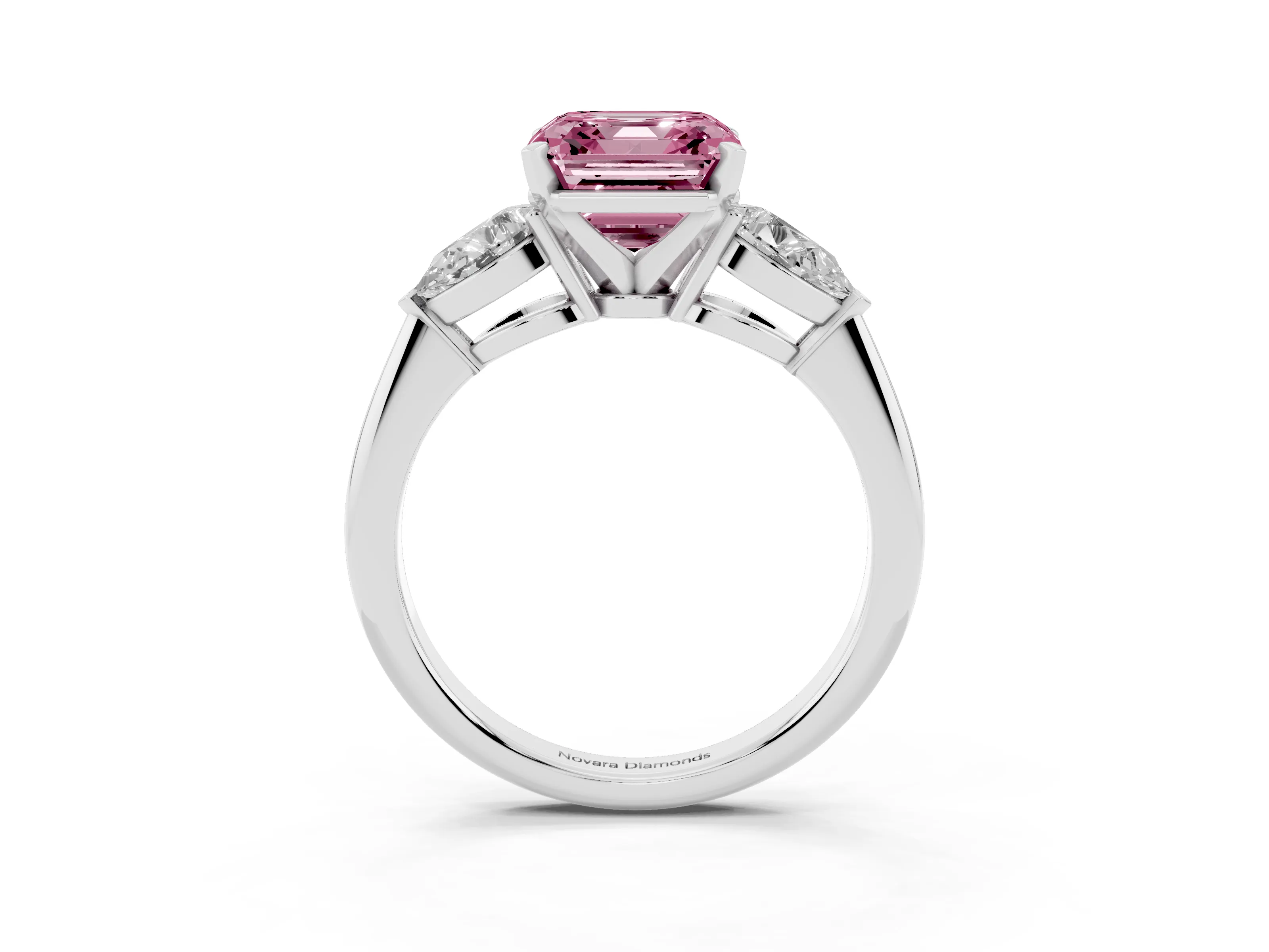 Fancy Pink Three-Stone Asscher Cut Diamond Ring Set in Silver with Pear Side Stones and Prong Setting