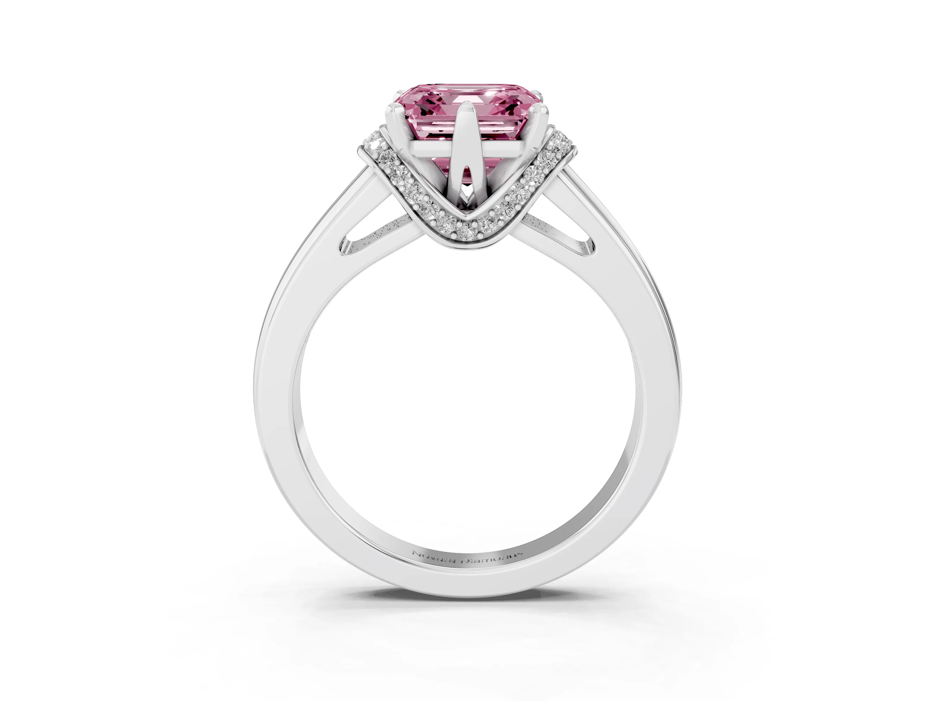Fancy Pink Asscher Cut Diamond Pavé Band Solitaire Ring Set in Silver with Prong Setting