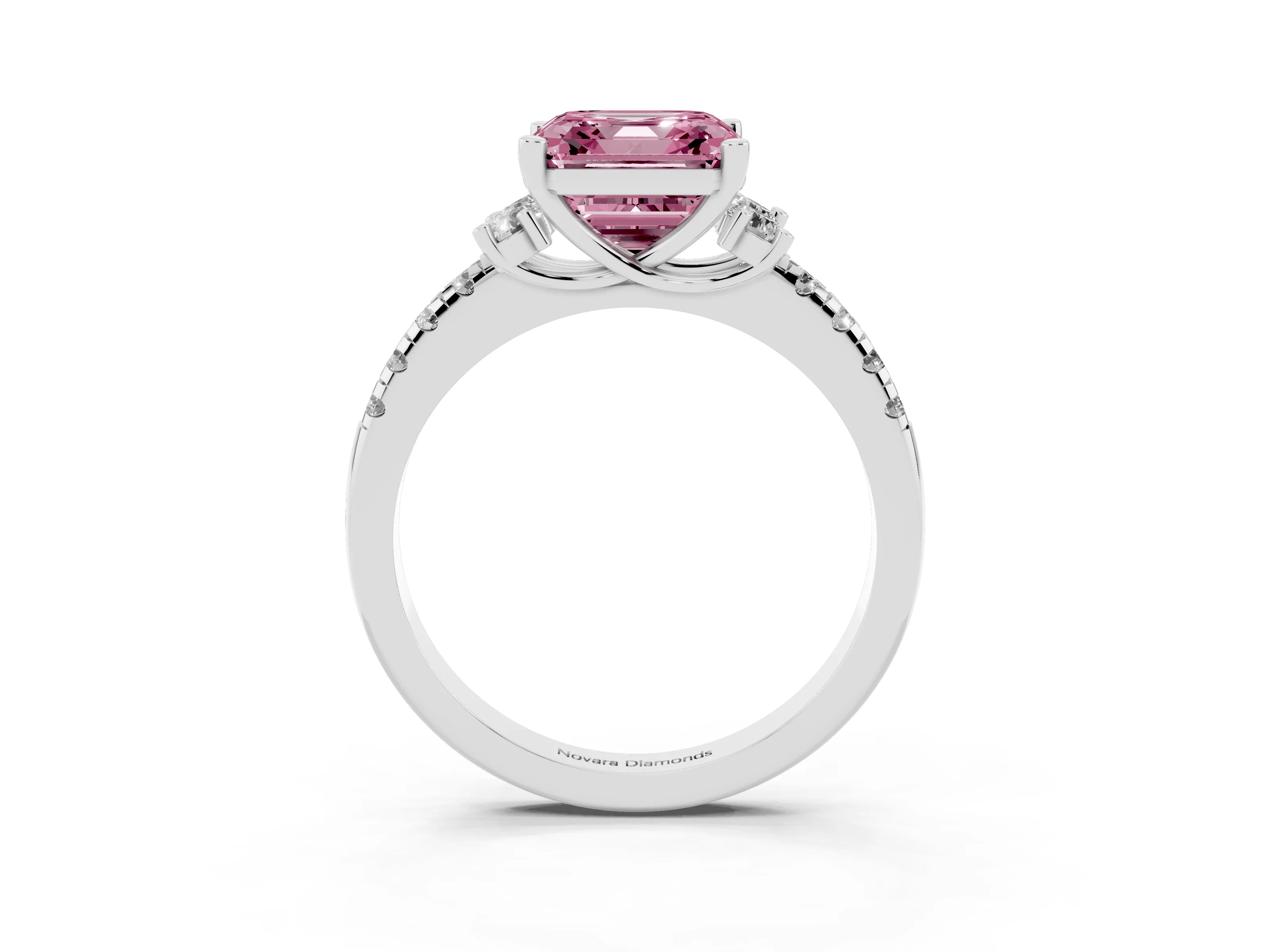 Fancy Pink Asscher Cut Diamond Three-Stone Pavé Ring Set in White gold with Prong Setting