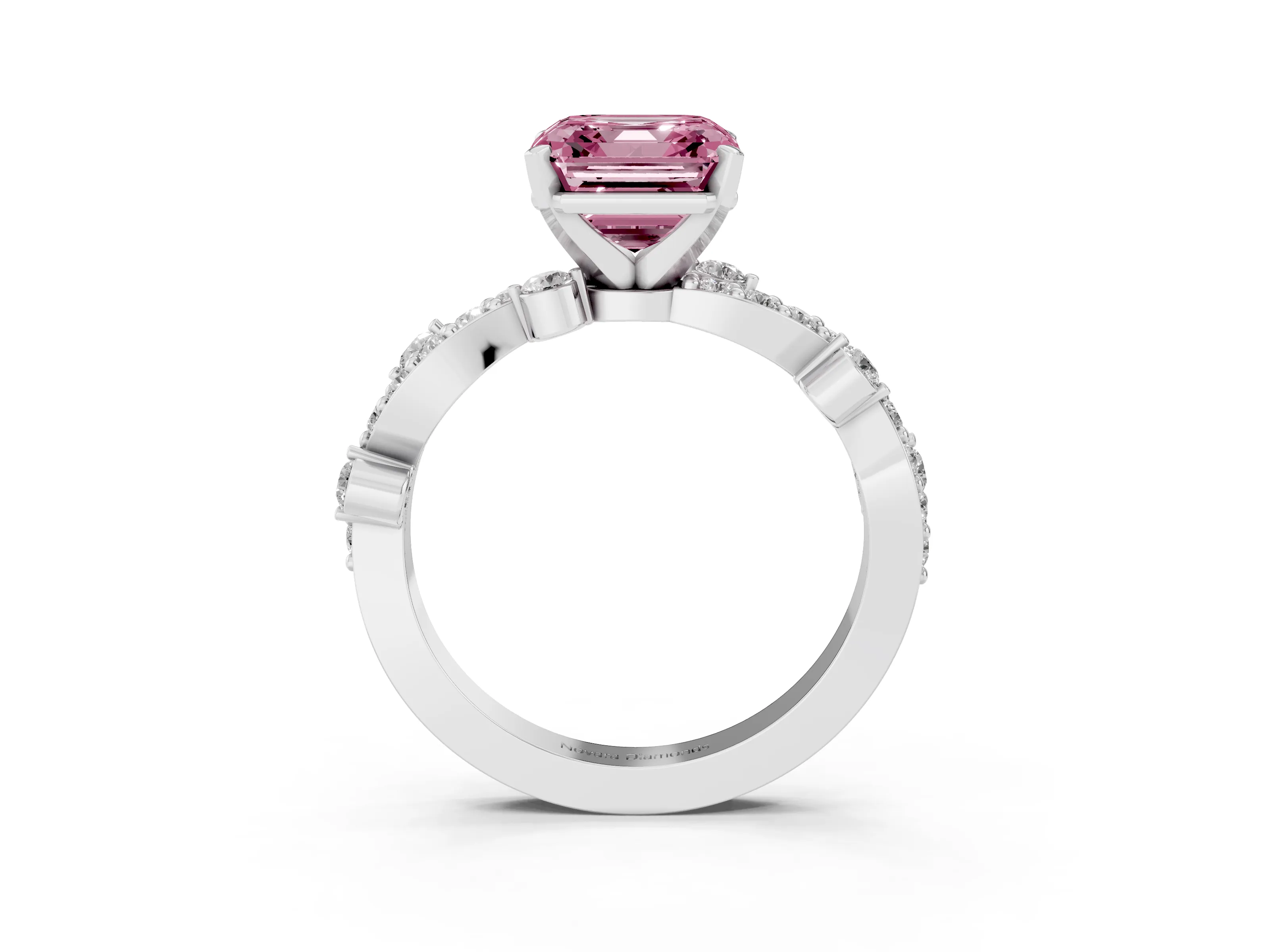 Fancy Pink Asscher Cut Diamond Solitaire Twisted Band Set in Silver with Pavé Setting