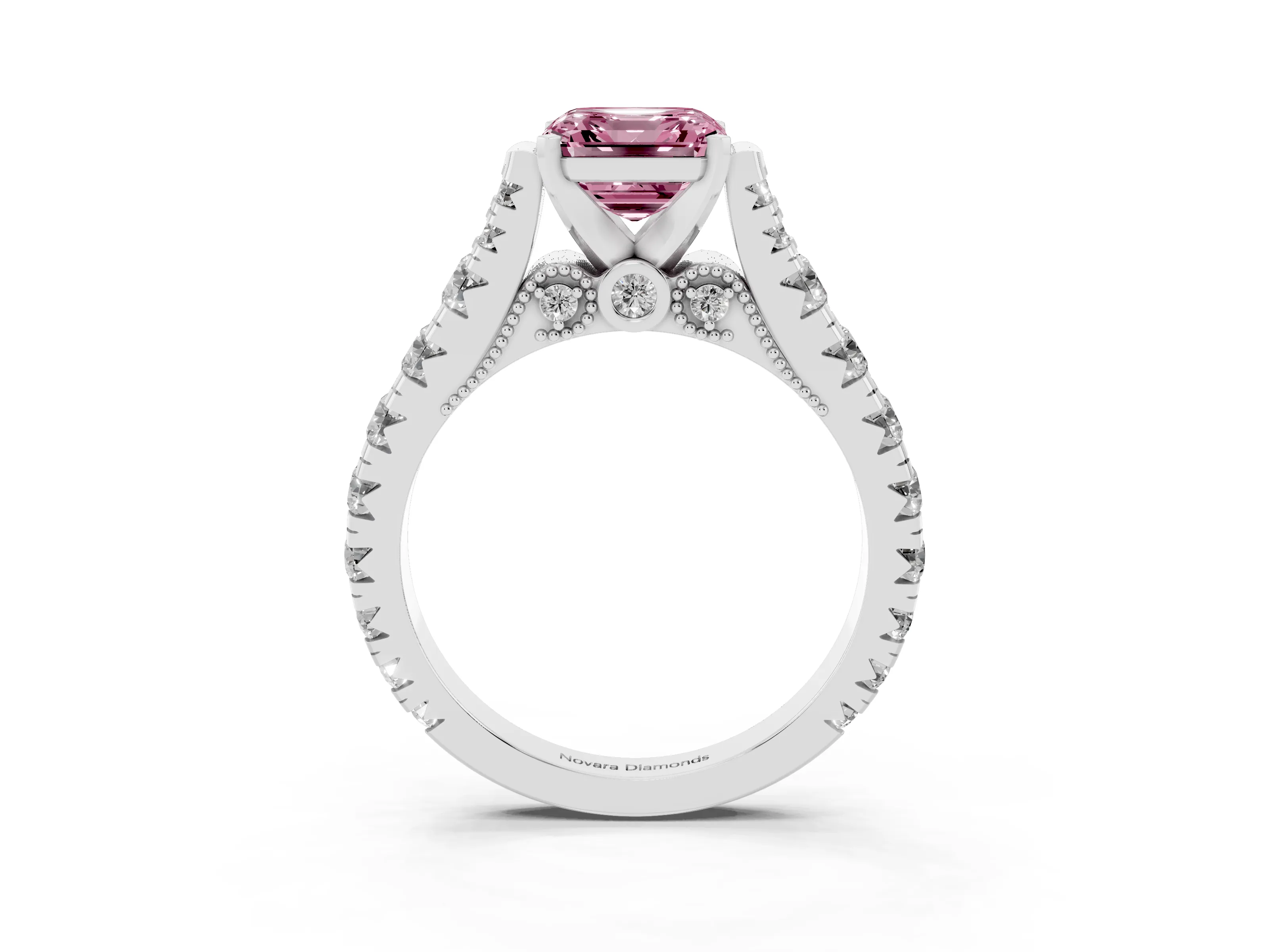 Fancy Pink Asscher Cut Diamond Classic Solitaire Ring Set in Platinum with Pavé Band and Prong Setting