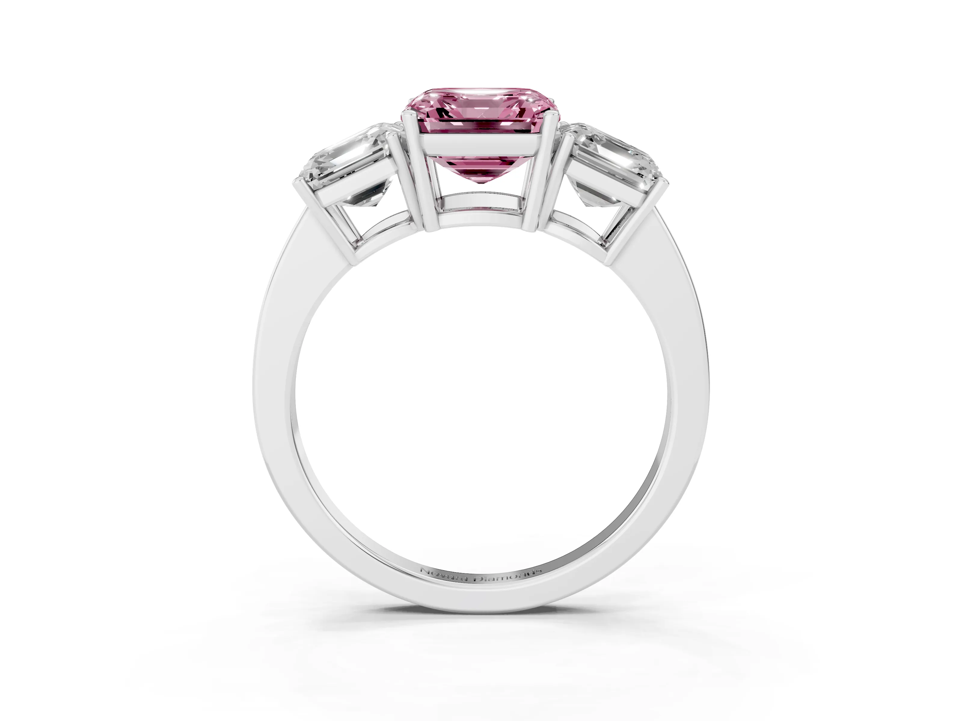 Fancy Pink Asscher Cut Diamond Three-Stone Engagement Ring Set in Platinum with Flat Band