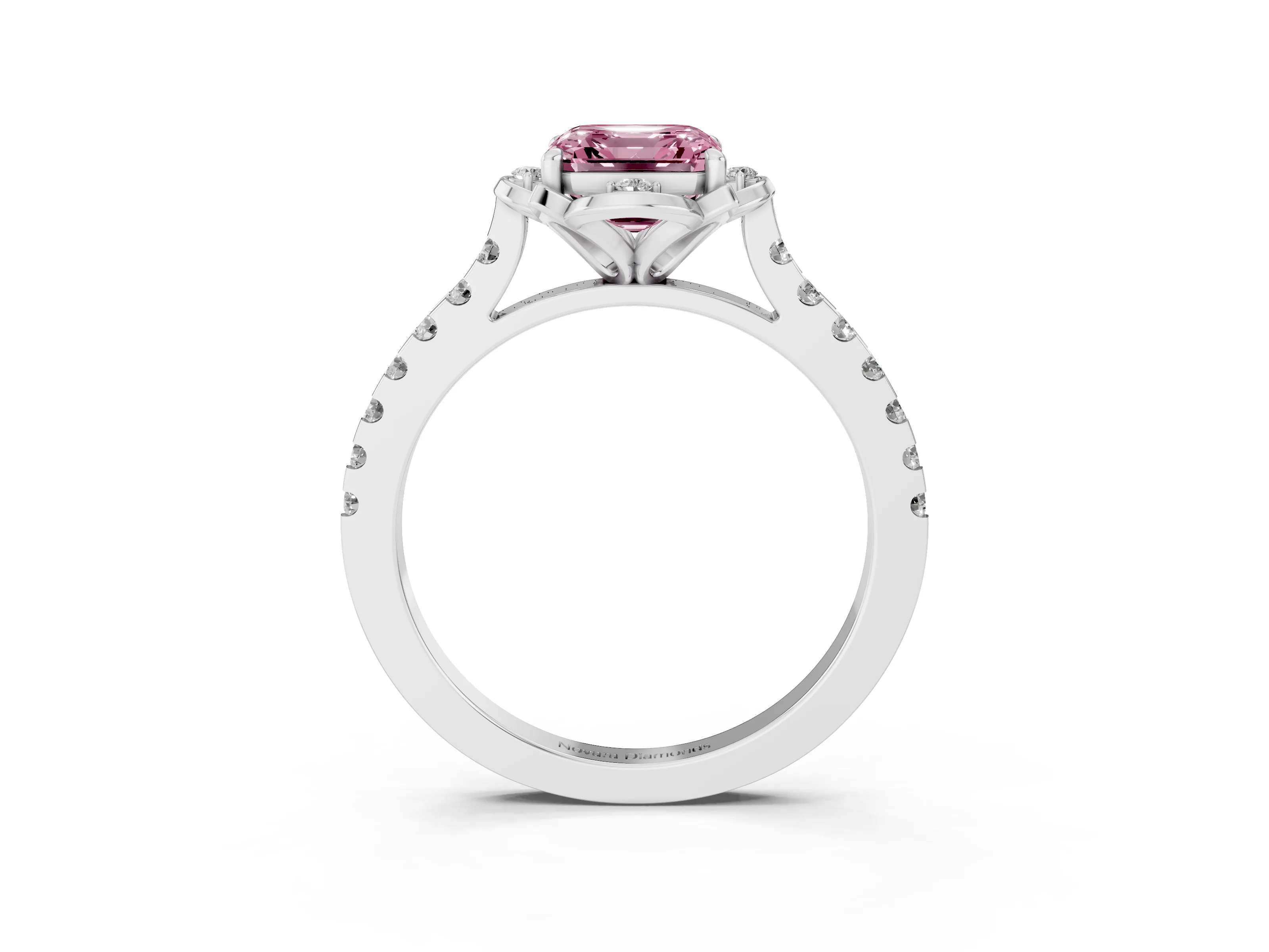 Fancy Pink Asscher Cut Diamond Solitaire Ring Set in Silver with Pavé Band and Floral Prong Setting