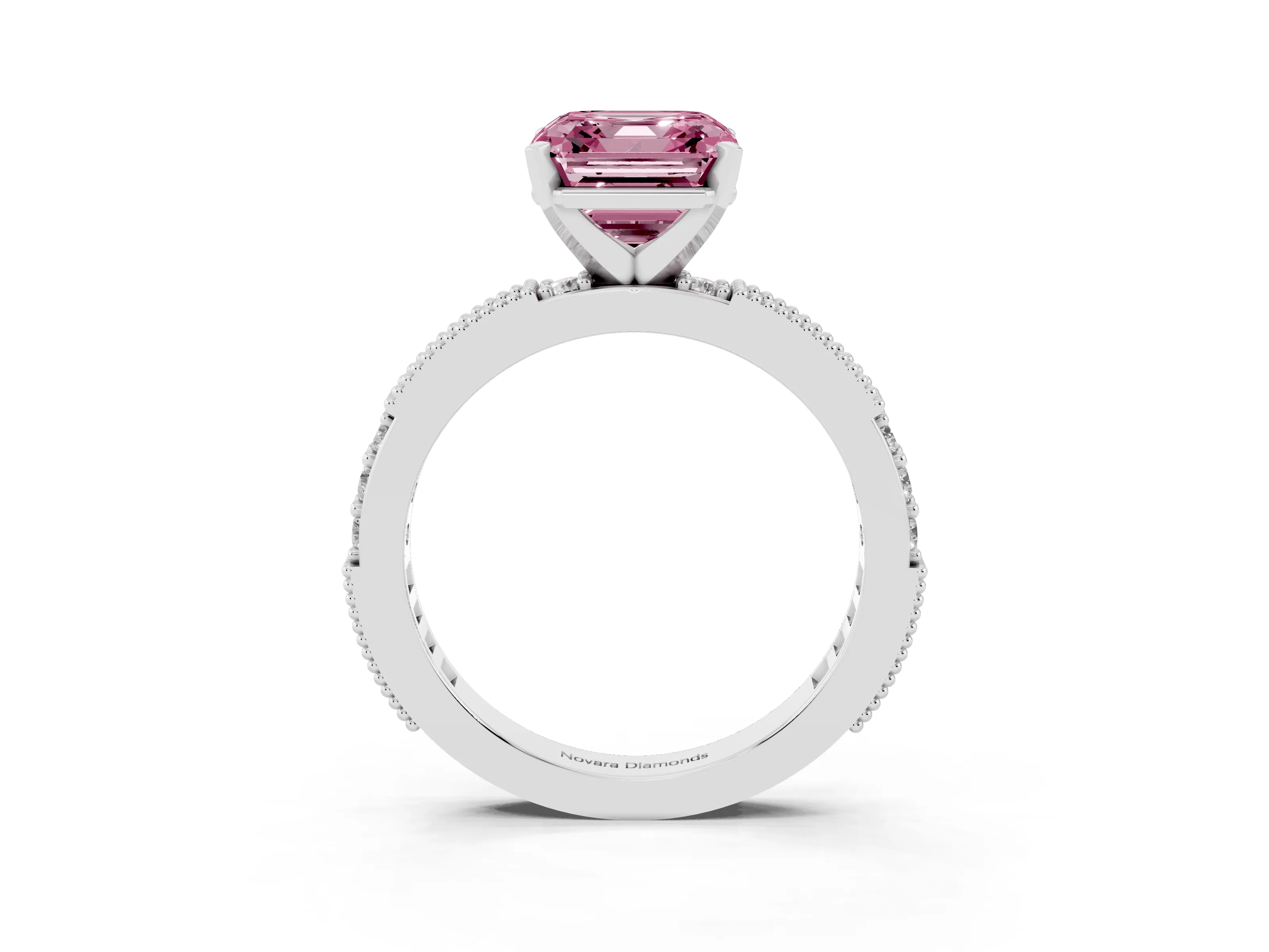 Fancy Pink Asscher Cut Diamond Solitaire Ring Set in Silver with Slim Pavé Band and Prong Setting