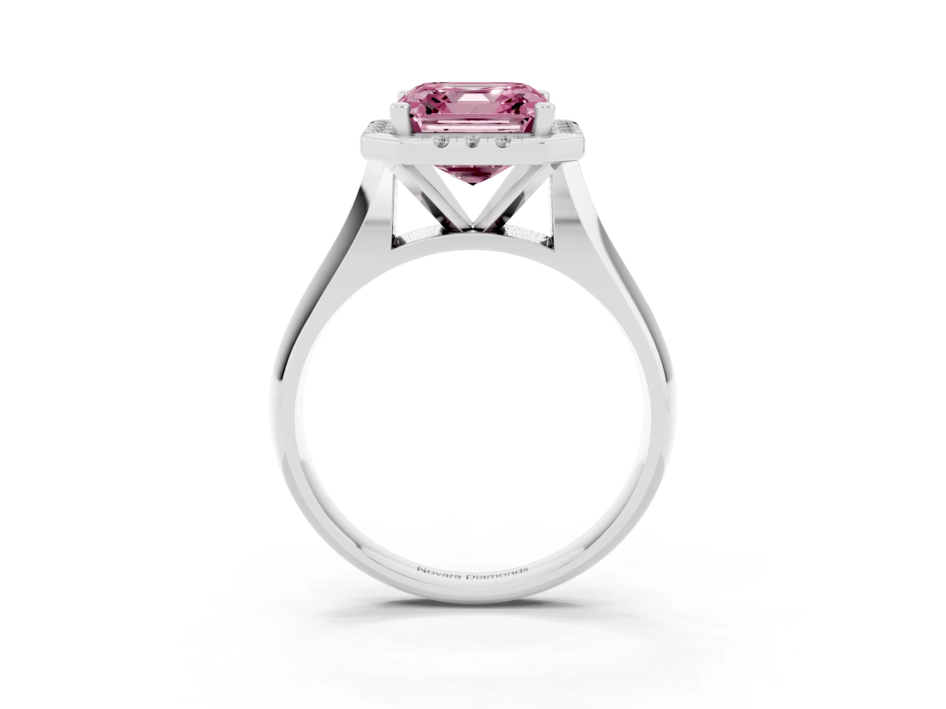 Fancy Pink Asscher Cut Diamond Halo Solitaire Engagement Ring Set in Platinum with Square Band and Prong Setting