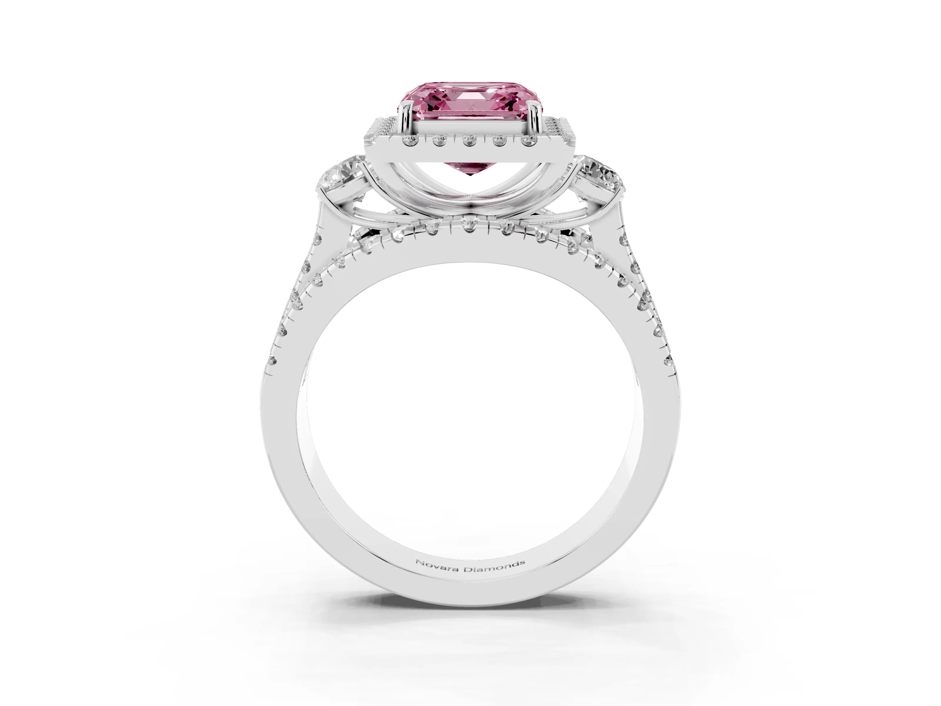 Fancy Pink Asscher Cut Diamond Halo Split Shank Ring Set in White gold with Round Accent Stones and Prong Setting