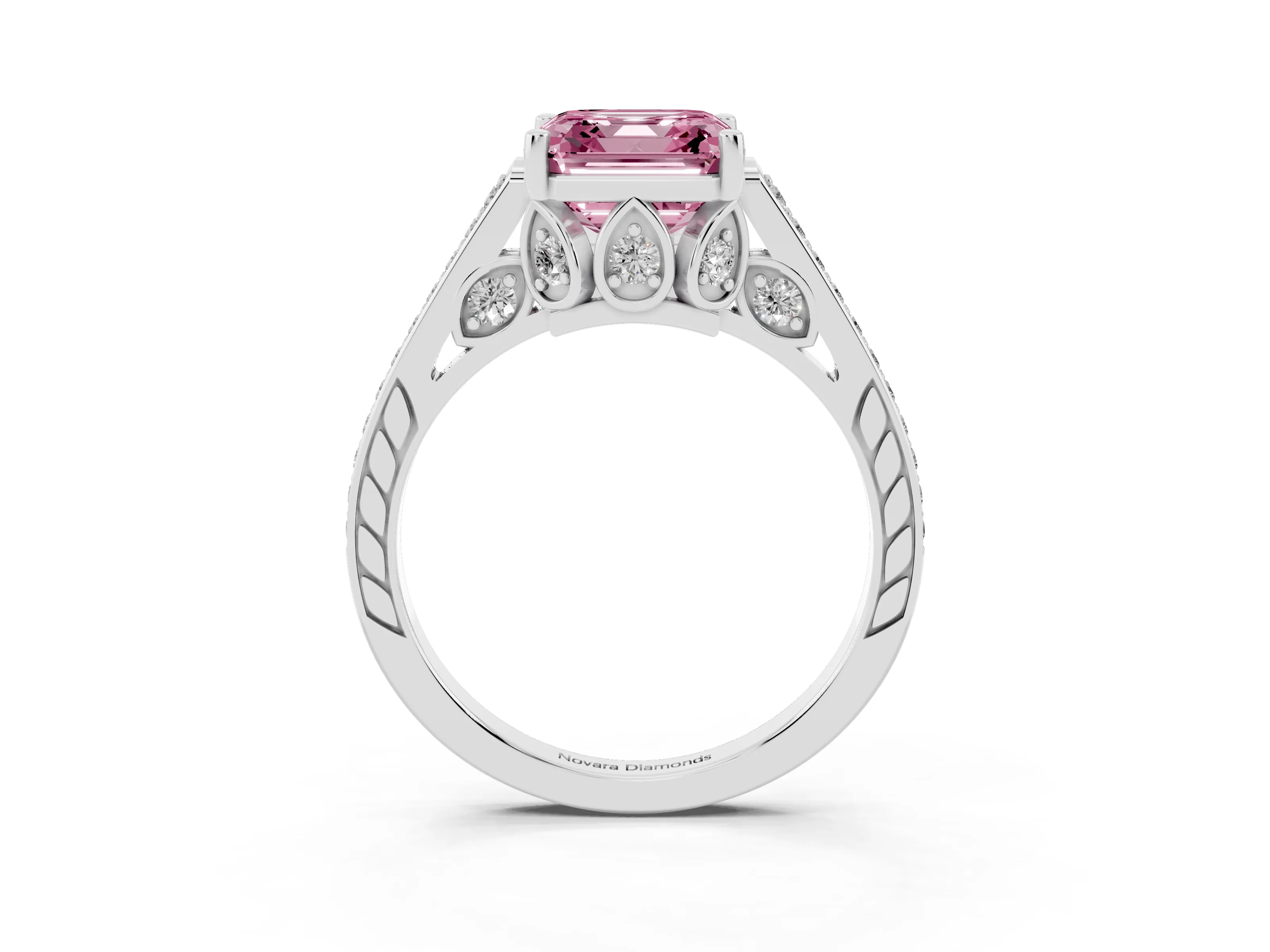 Fancy Pink Asscher Cut Diamond Cathedral Pavé Engagement Ring Set in Silver with Prong Setting