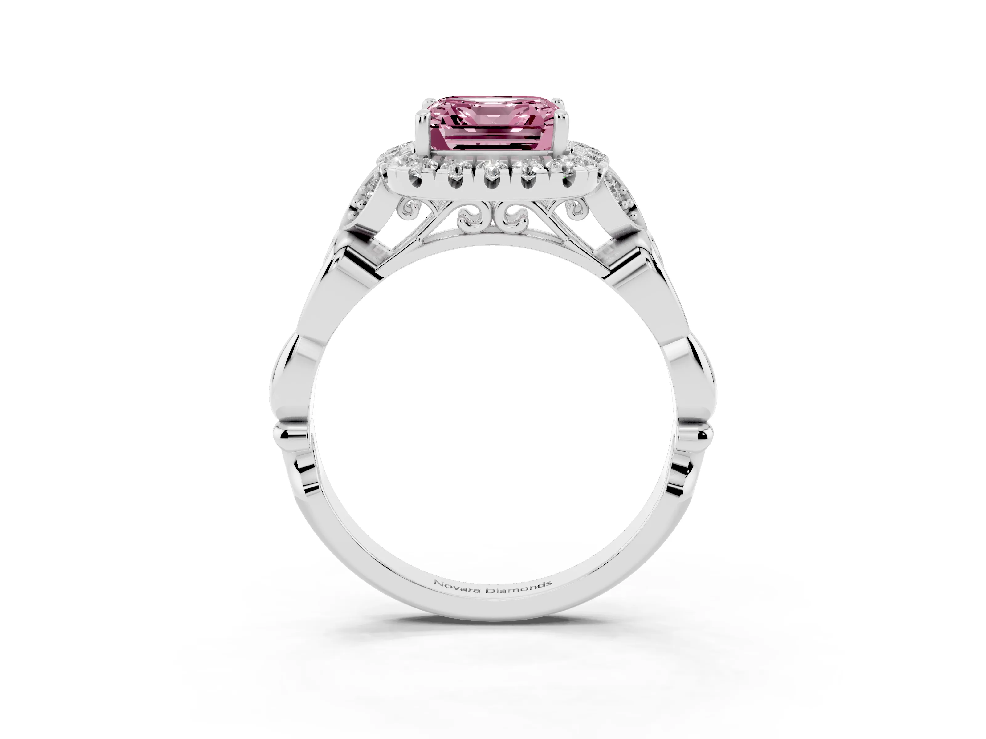 Fancy Pink Asscher Cut Diamond Halo Engagement Ring Set in Platinum with Vintage-Inspired Band and Prong Setting