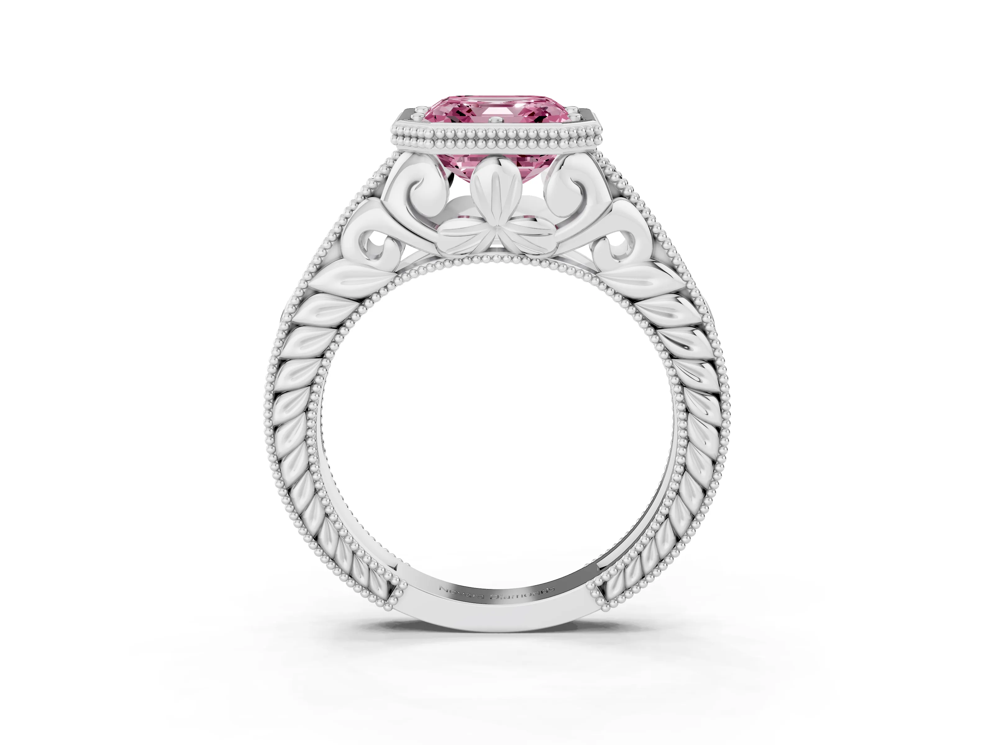 Fancy Pink Bezel Set Asscher Cut Diamond Milgrain Pavé Engagement Ring Set in Silver