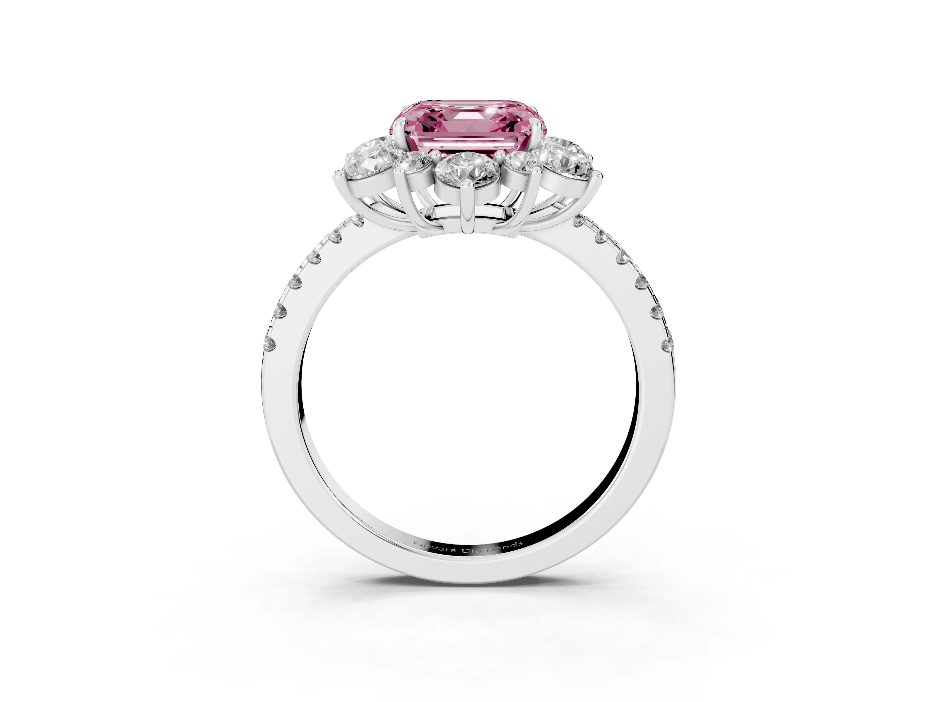 Fancy Pink Asscher Cut Diamond Floral Halo Ring Set in White gold with Round Pavé Band and Prong Setting