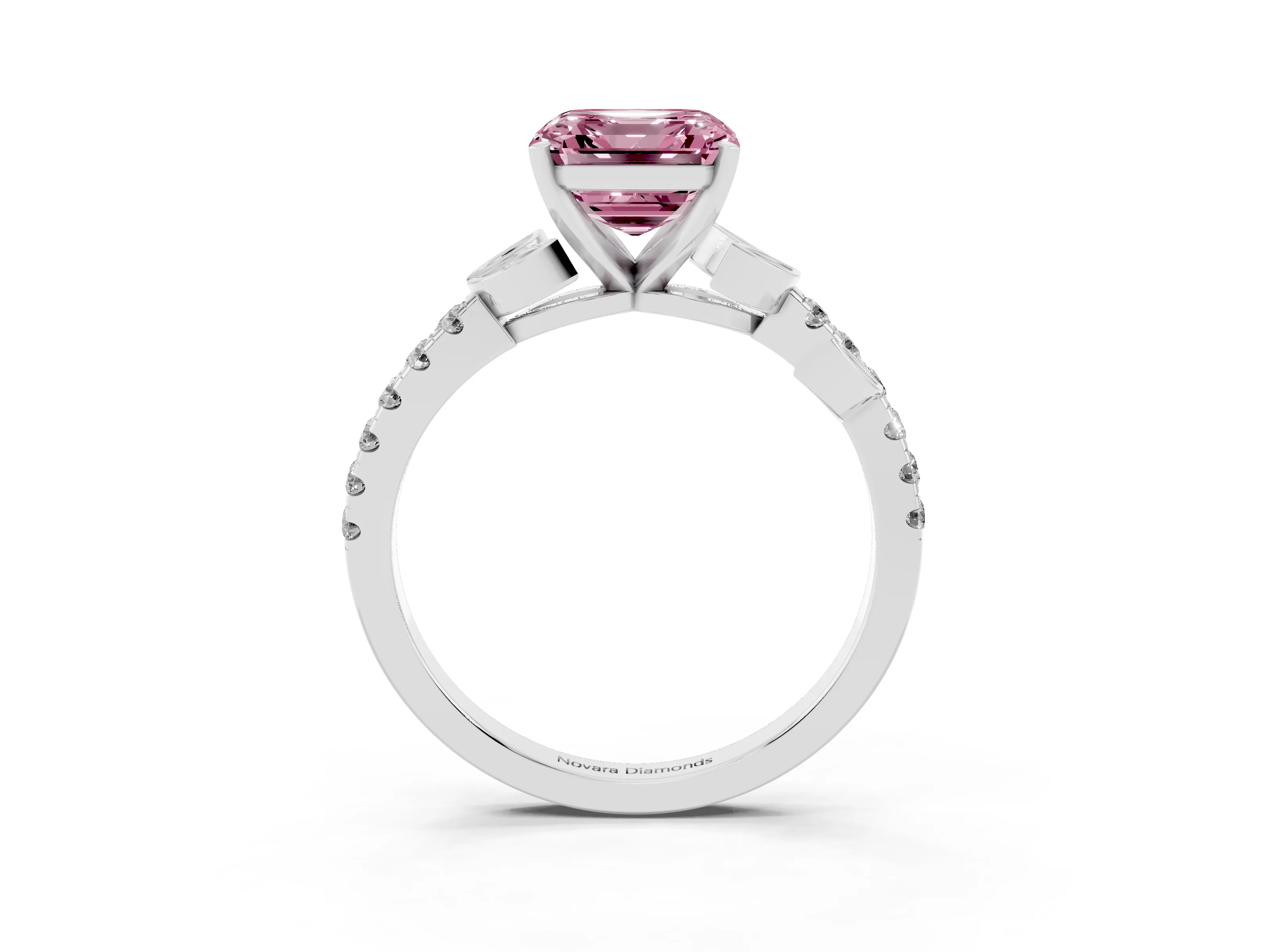 Fancy Pink Asscher Cut Diamond Solitaire Leaf-Inspired Ring Set in Silver with Pavé Band and Prong Setting