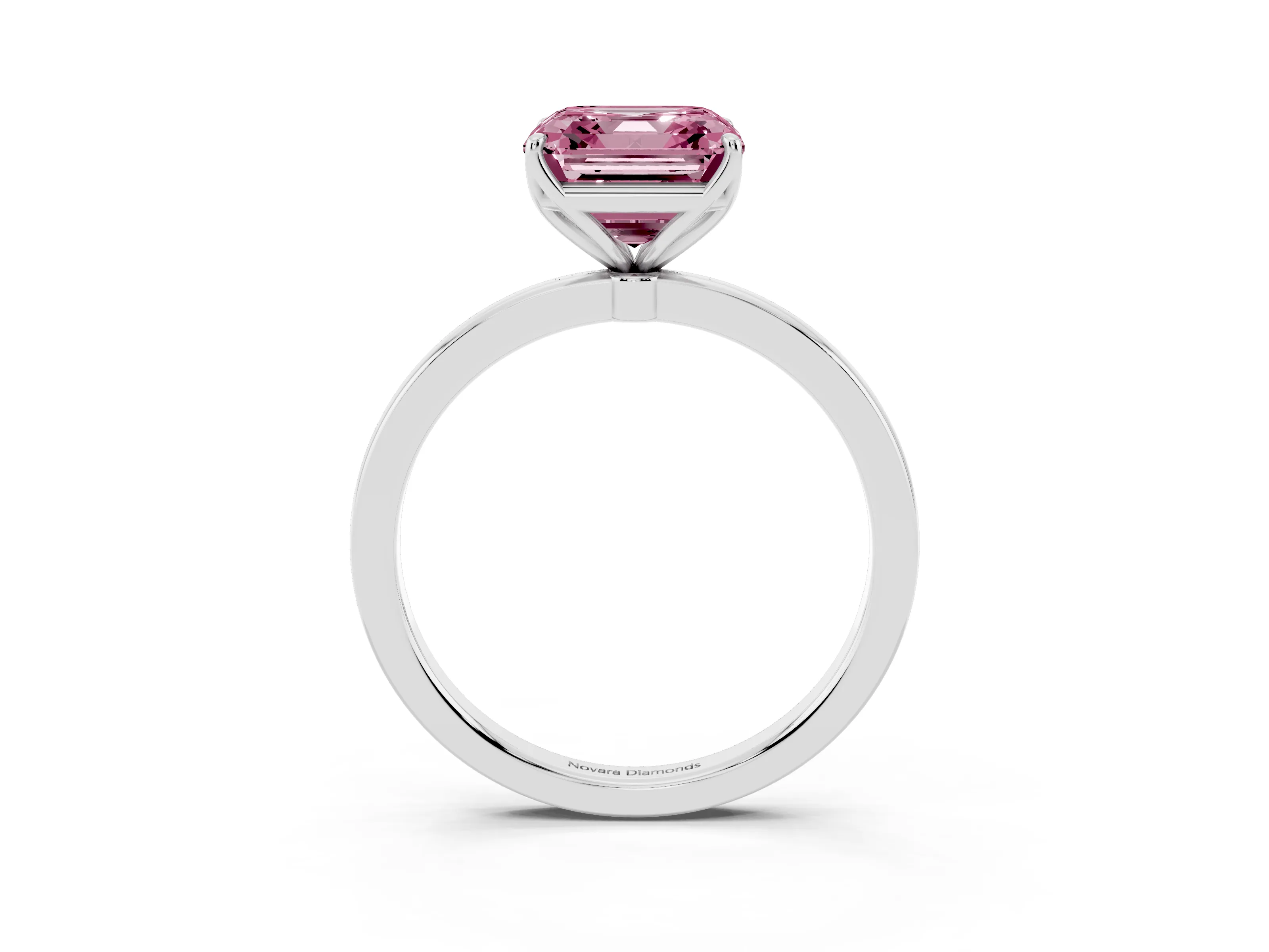 Fancy Pink Asscher Cut Diamond Solitaire Ring Set in Platinum with Prong Setting and Thin Polished Band
