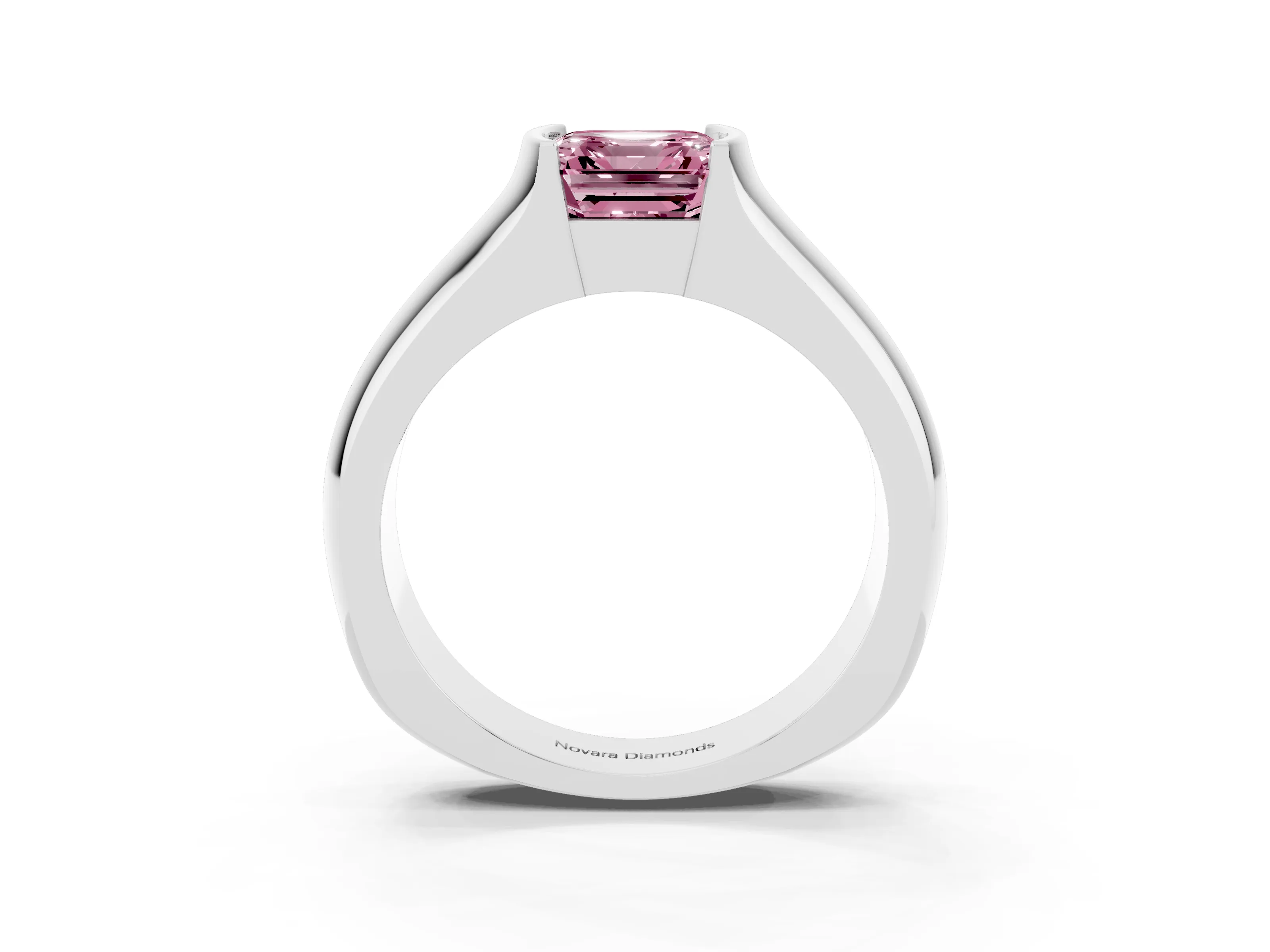Fancy Pink Asscher Cut Diamond Bezel Solitaire Ring Set in White gold with Wide Band