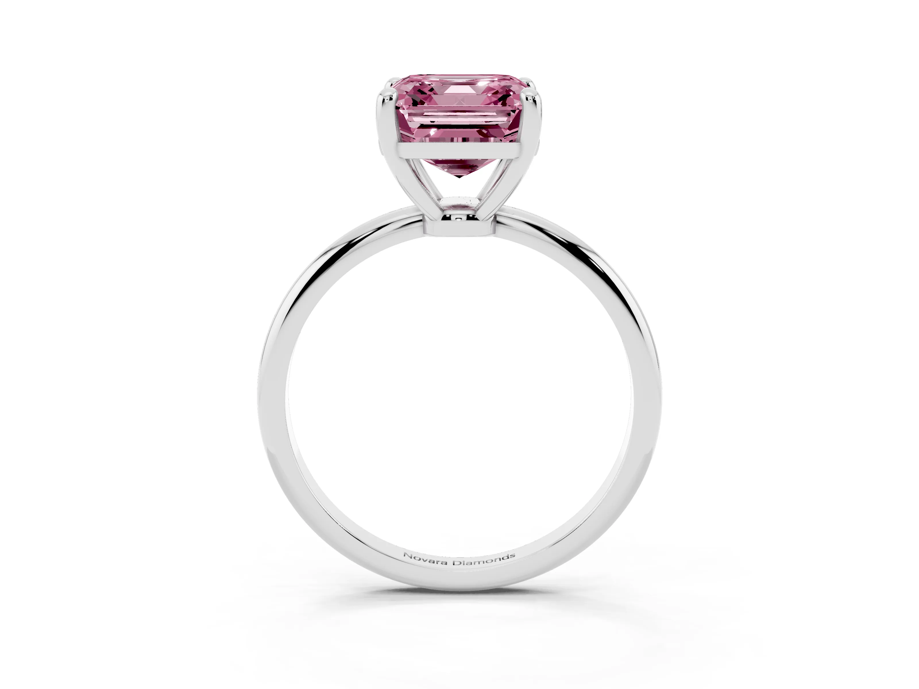 Fancy Pink Asscher Cut Diamond Solitaire Ring Set in Platinum with Secure Prong Setting on a Classic Band