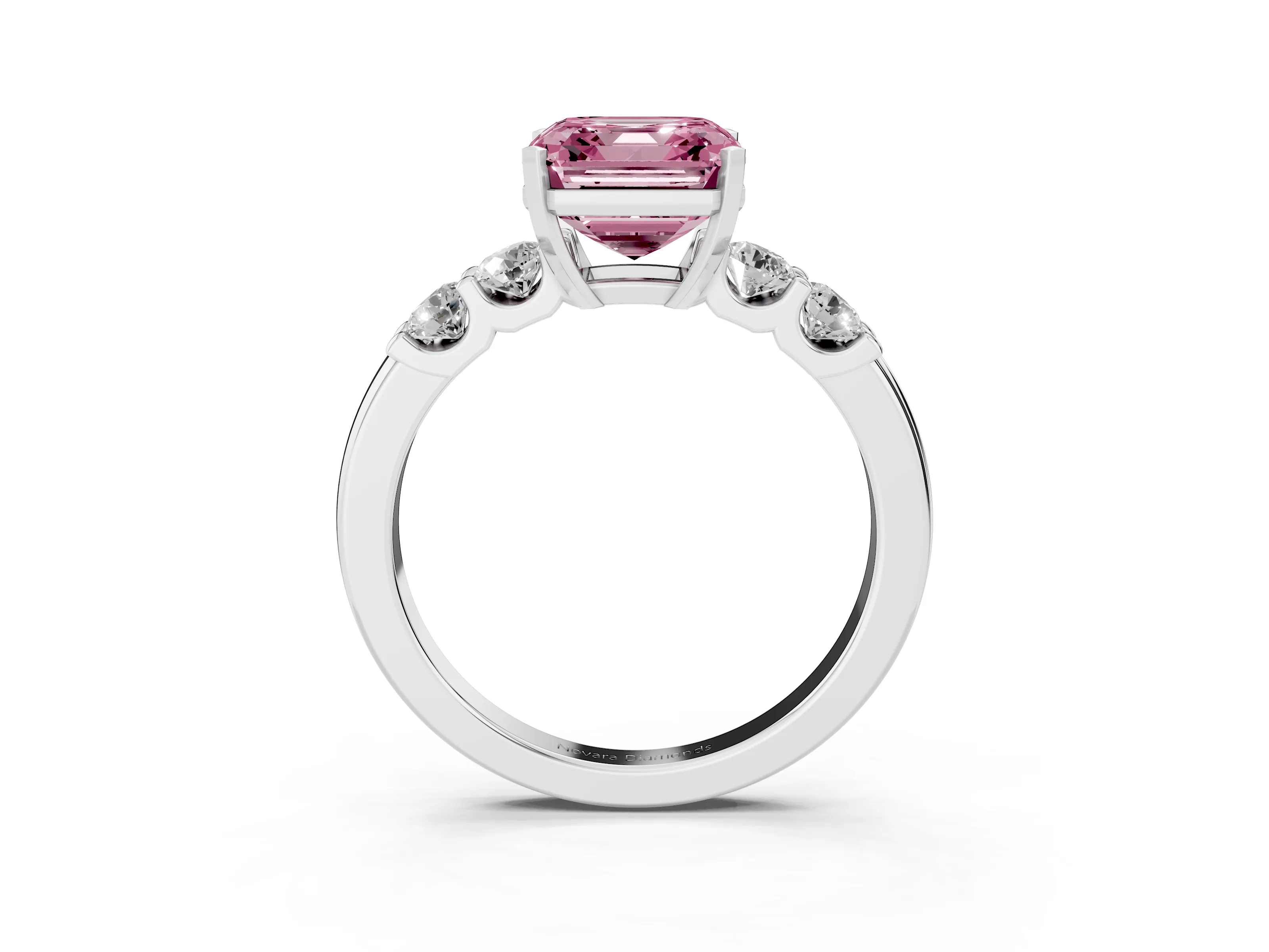 Fancy Pink Asscher Cut Diamond Five-Stone Prong Set Engagement Ring Set in White gold with Channel Band