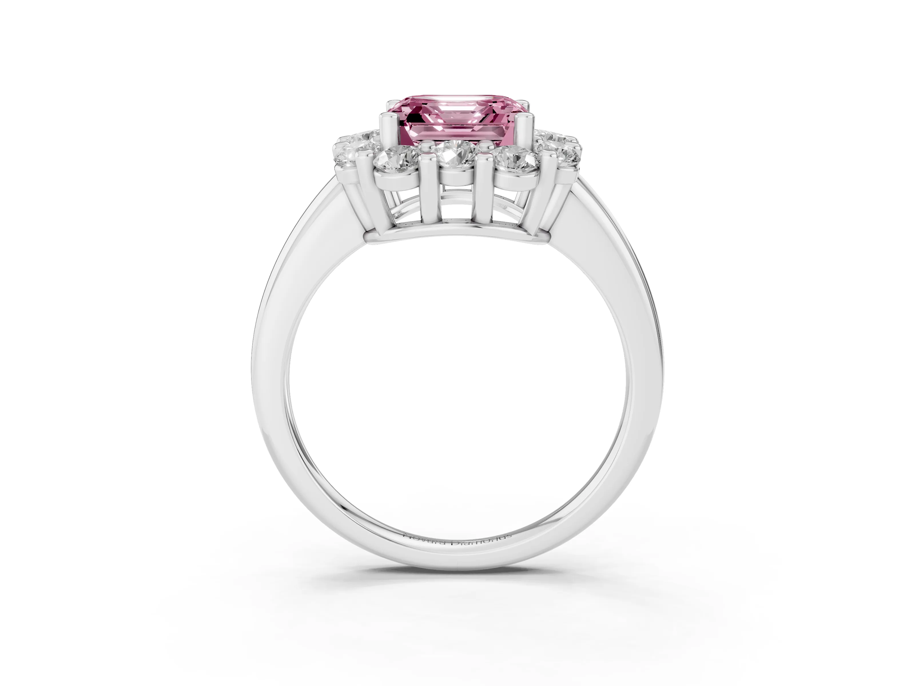 Fancy Pink Asscher Cut Diamond Halo Cluster Engagement Ring Set in White gold with Polished Band and Prong Setting