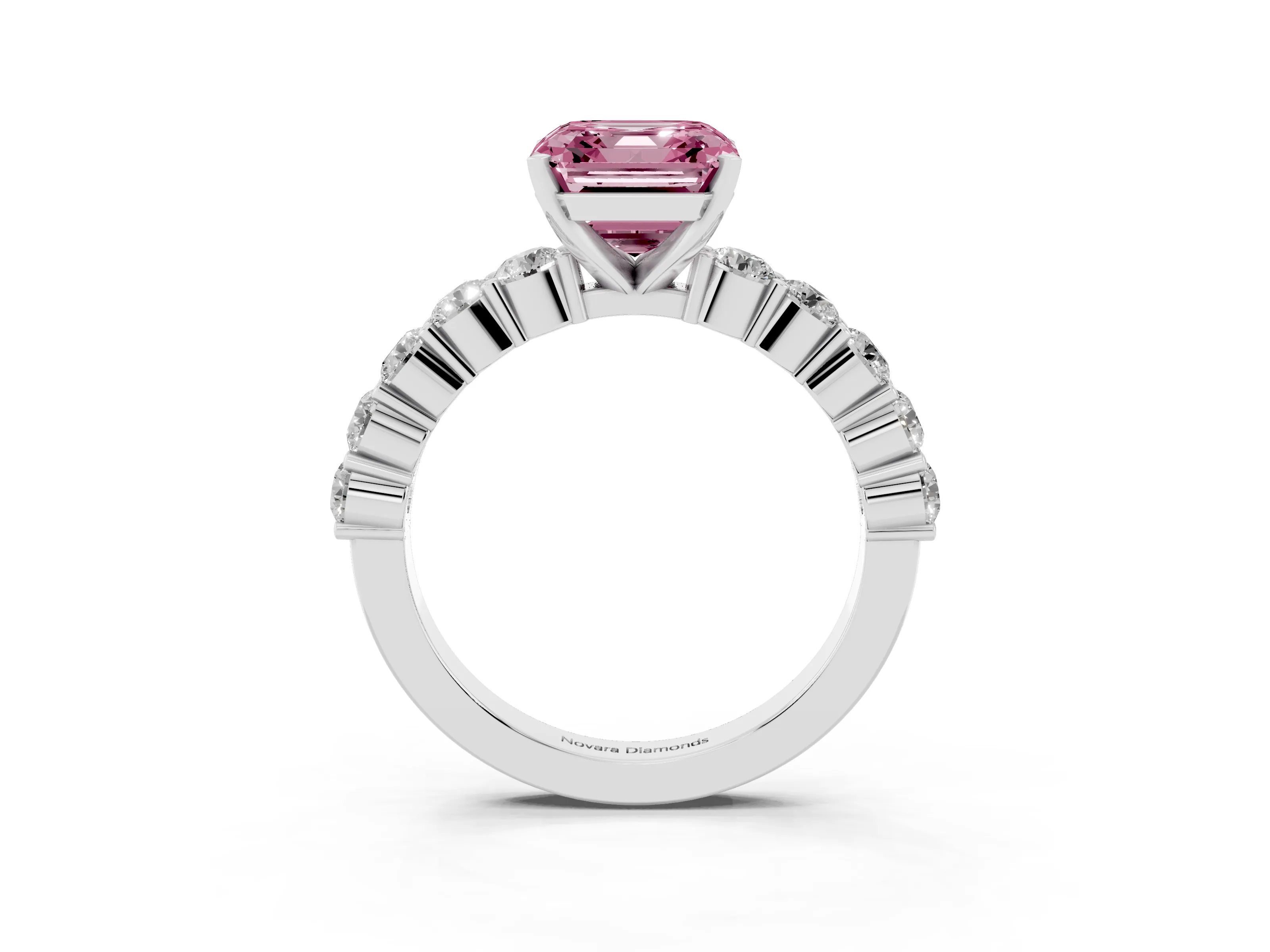 Fancy Pink Asscher Cut Diamond Solitaire Ring Set in White gold with Shared Prong Round Side Stones