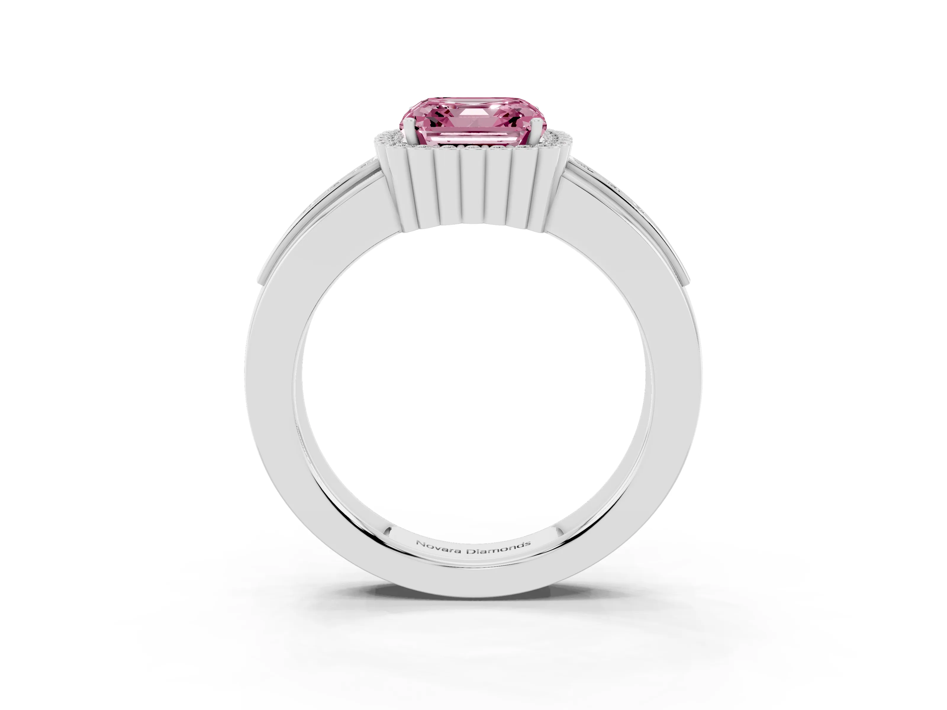 Fancy Pink Asscher Cut Diamond Halo Prong Ring Set in Silver with Pavé Band