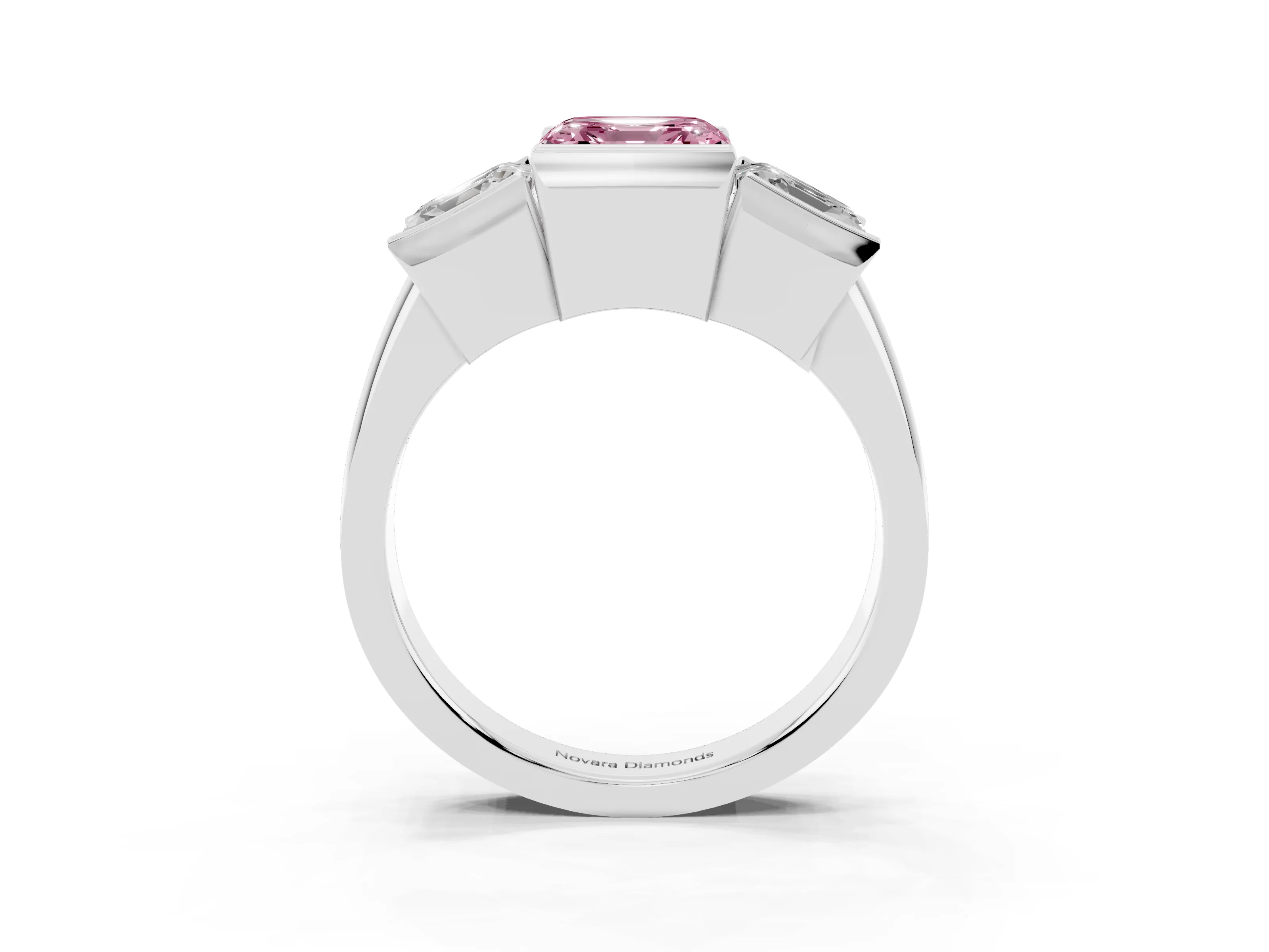 Fancy Pink Asscher Cut Diamond Three-Stone Channel Set Ring Set in White gold with Smooth Polished Band