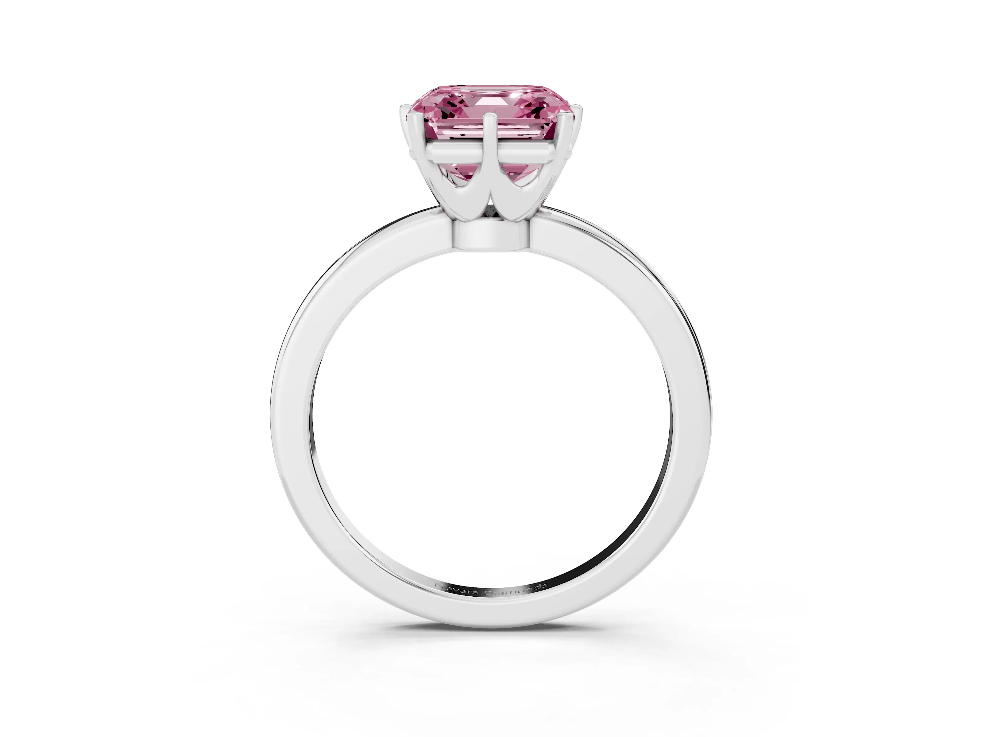 Fancy Pink Asscher Cut Diamond Solitaire Ring Set in White gold with Raised Prong Setting on a Classic Band