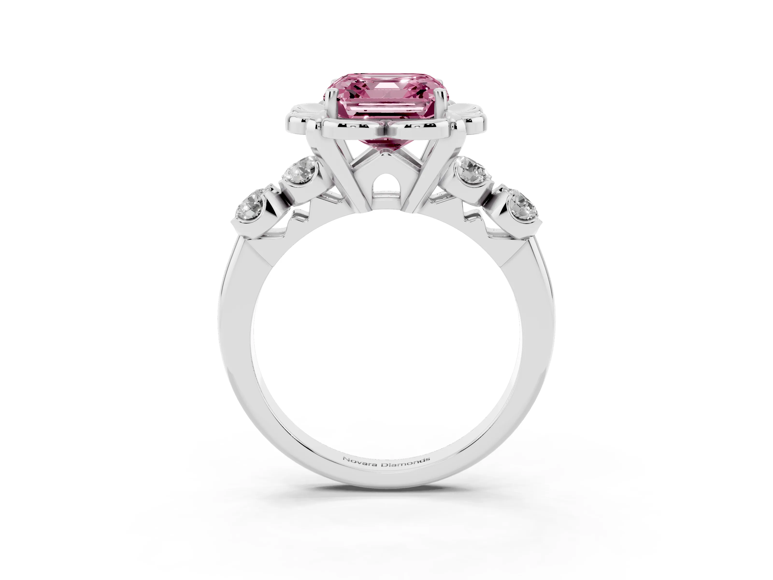 Fancy Pink Asscher Cut Diamond Floral Halo Ring Set in Platinum with Shared Prong Band