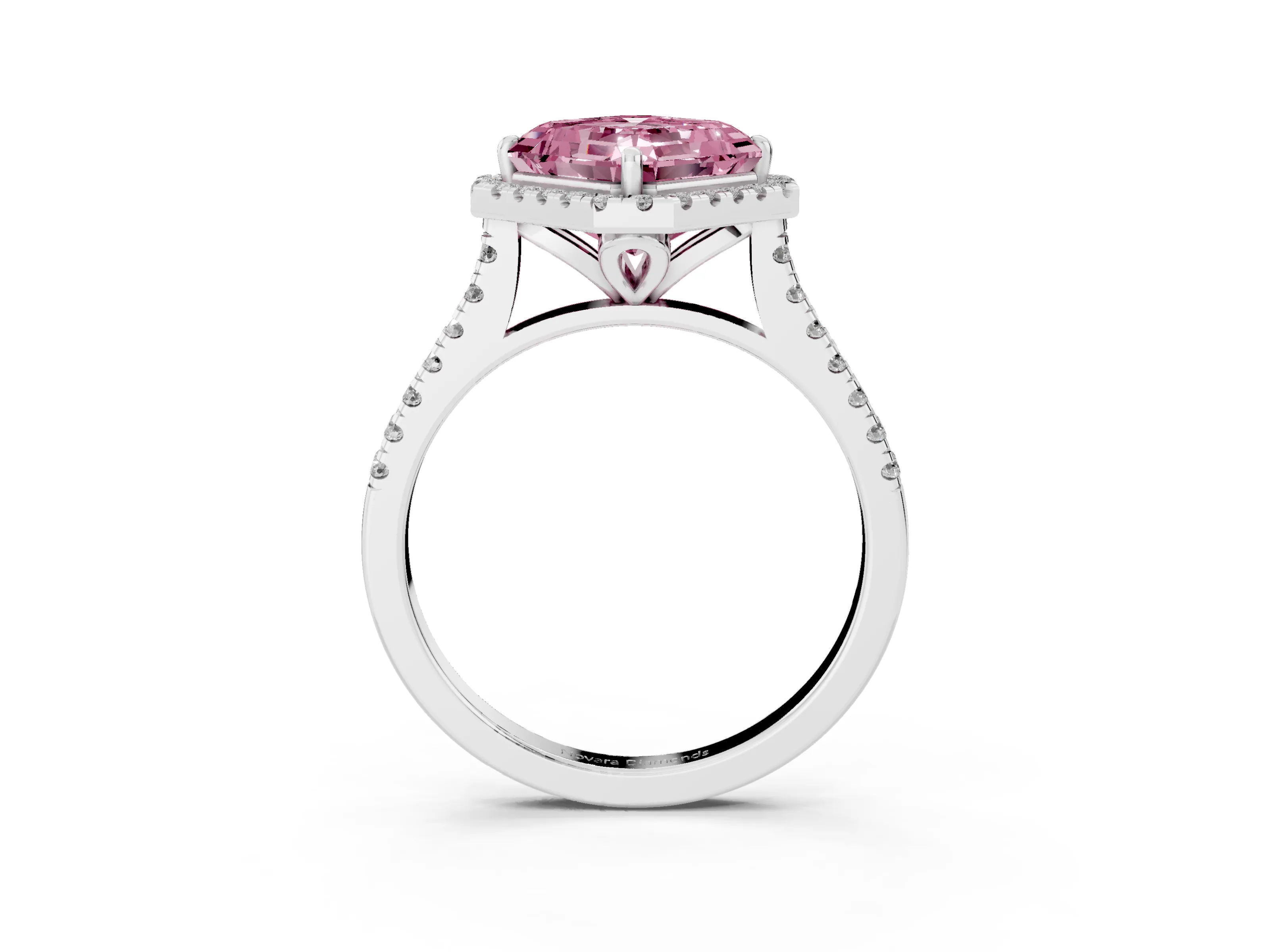 Fancy Pink Asscher Cut Diamond Cushion Halo Ring Set in White gold with Pavé Band