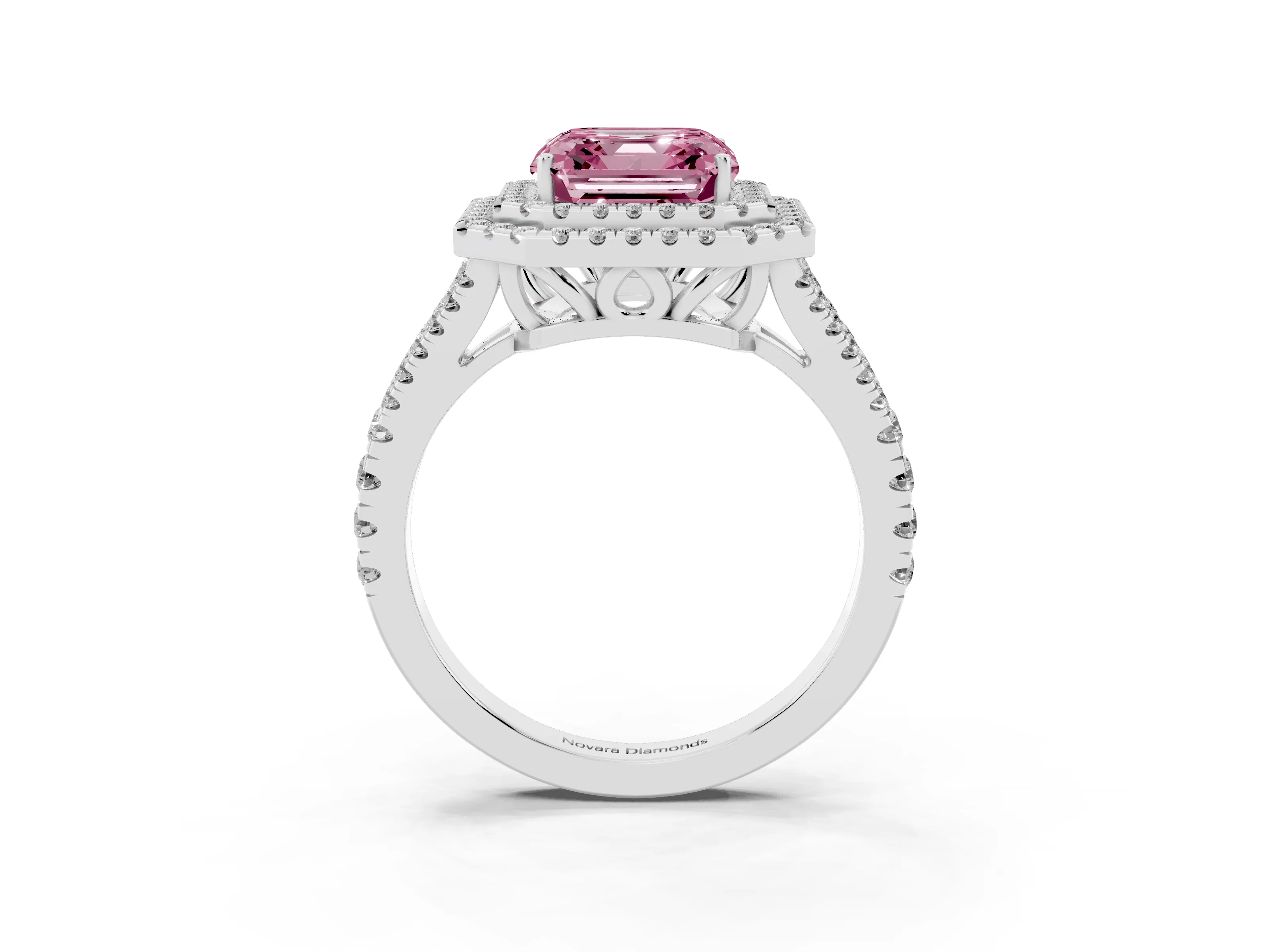 Fancy Pink Asscher Cut Diamond Double Halo Ring Set in Platinum with Pavé Band