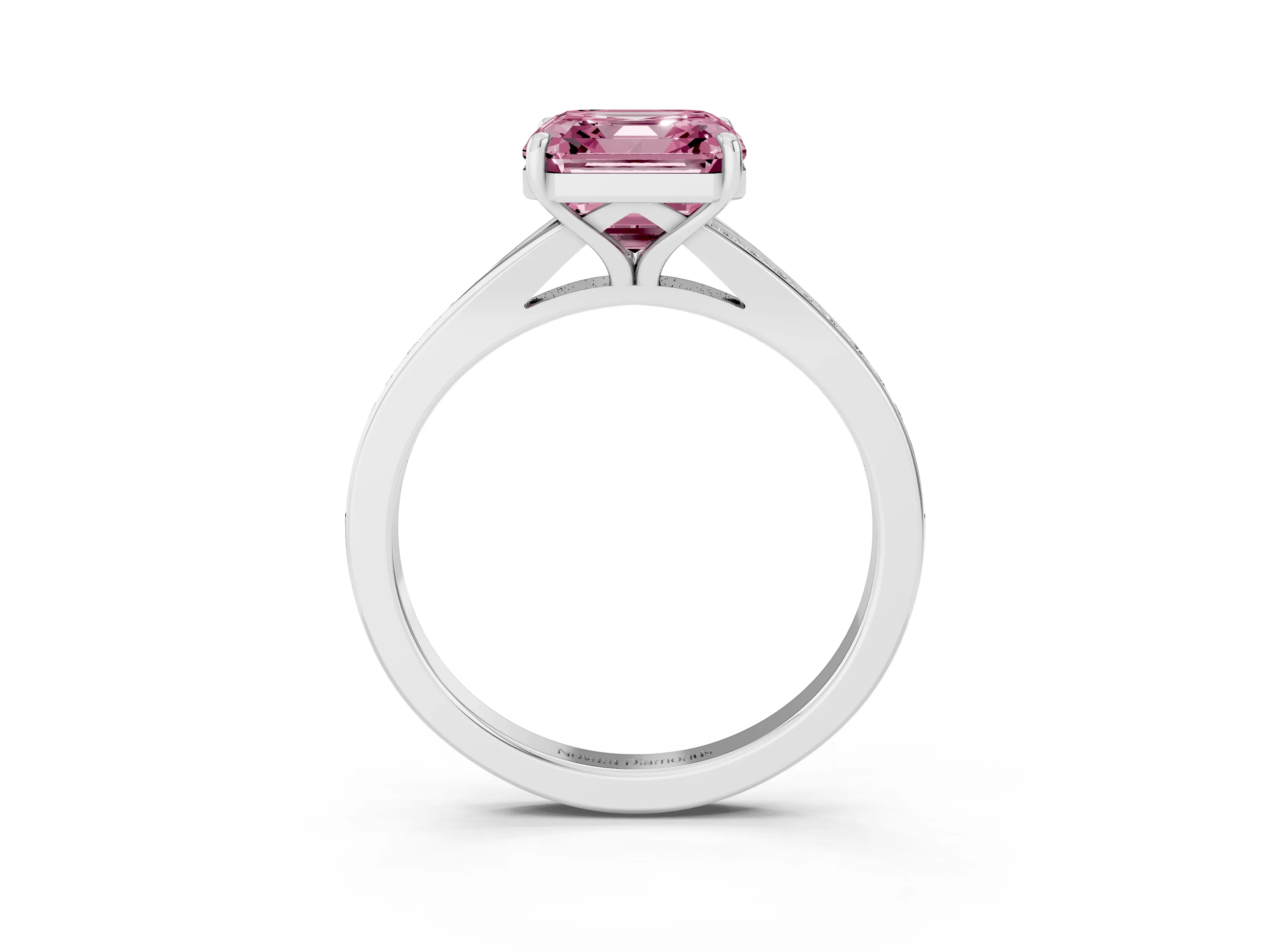 Fancy Pink Asscher Cut Diamond Solitaire Ring Set in White gold with Pavé Accent Band and Classic Prong Setting