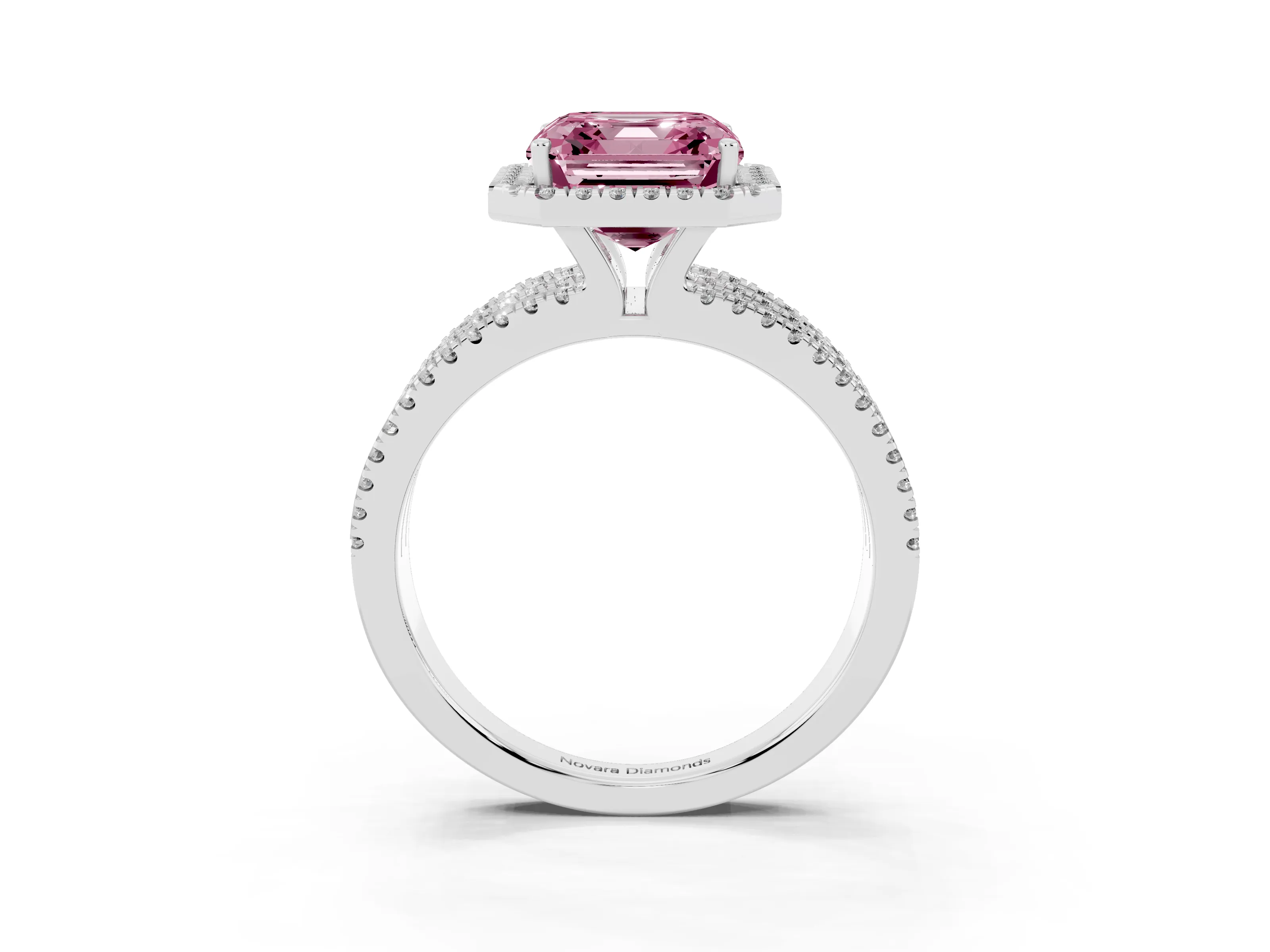 Fancy Pink Asscher Cut Diamond Halo Split Shank Engagement Ring Set in White gold with Prong Setting